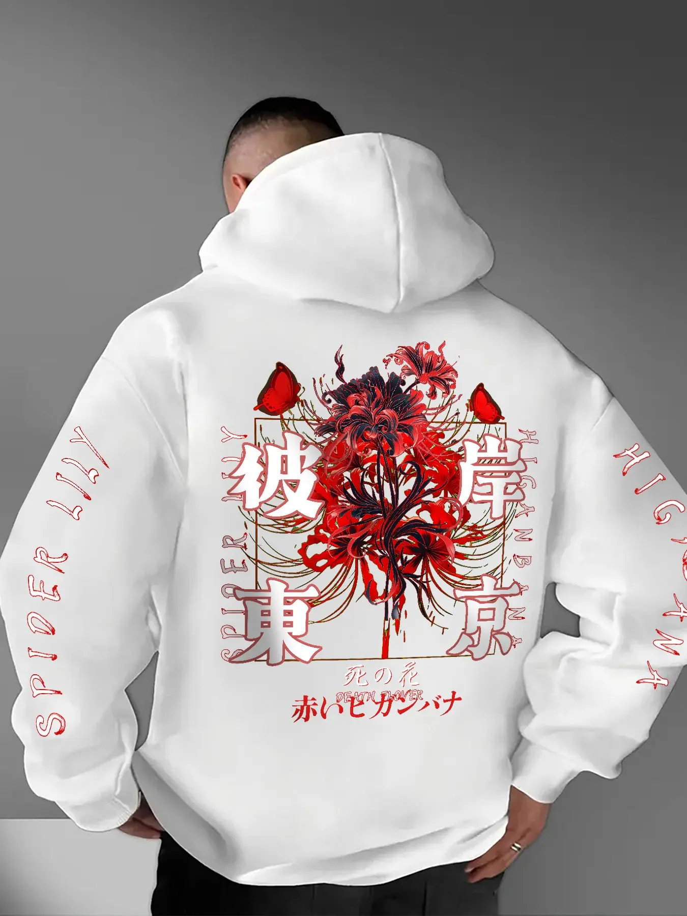 Japanese Style Dark Iris Butterfly Print Hoodie for Men, Loose Fit Thickened Fall Winter Fashion Streetwear Drawstring Pullover