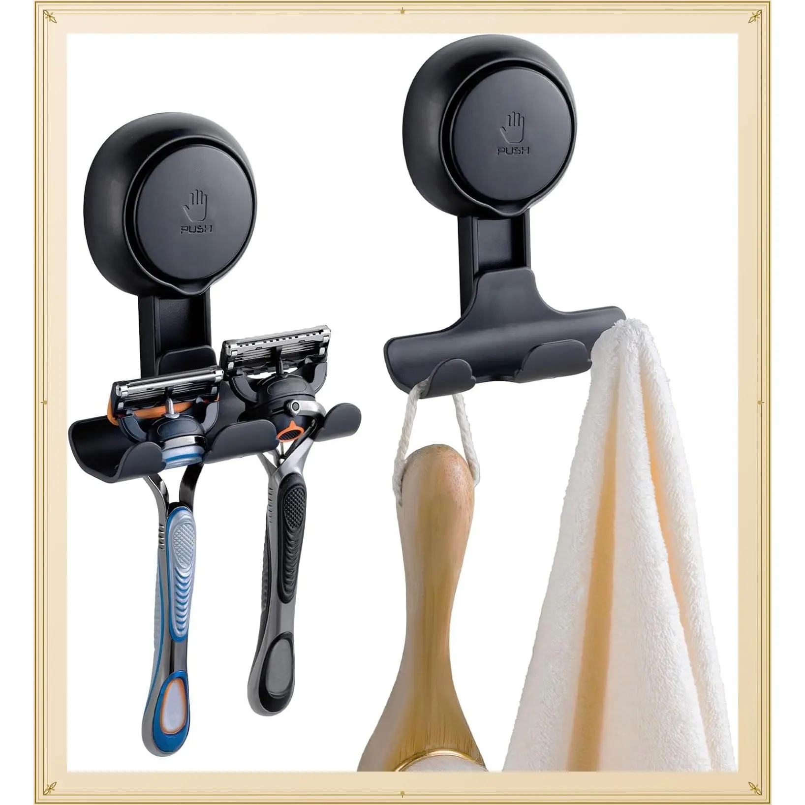 Powerful Suction Cup Razor & Shaver Holder for Shower Wall, 2 Pack Black | Waterproof, No-Drill, Towel & Loofah Hooks for Bathroom, Easy Install ReusableGift
