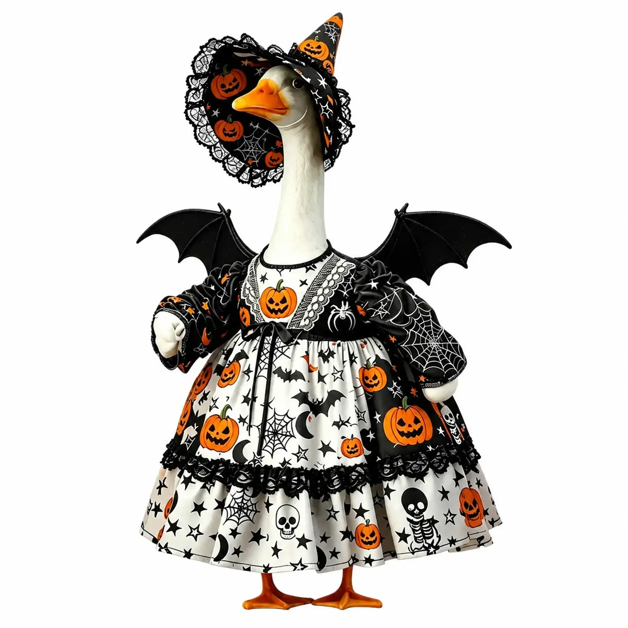 Outdoor Halloween Decor Set Featuring Porch Goose Costume with Pumpkin, Skull, and Bat Print Design, Includes Coordinating Hat and Wing Accessories for Lawn, Patio, or Garden Display