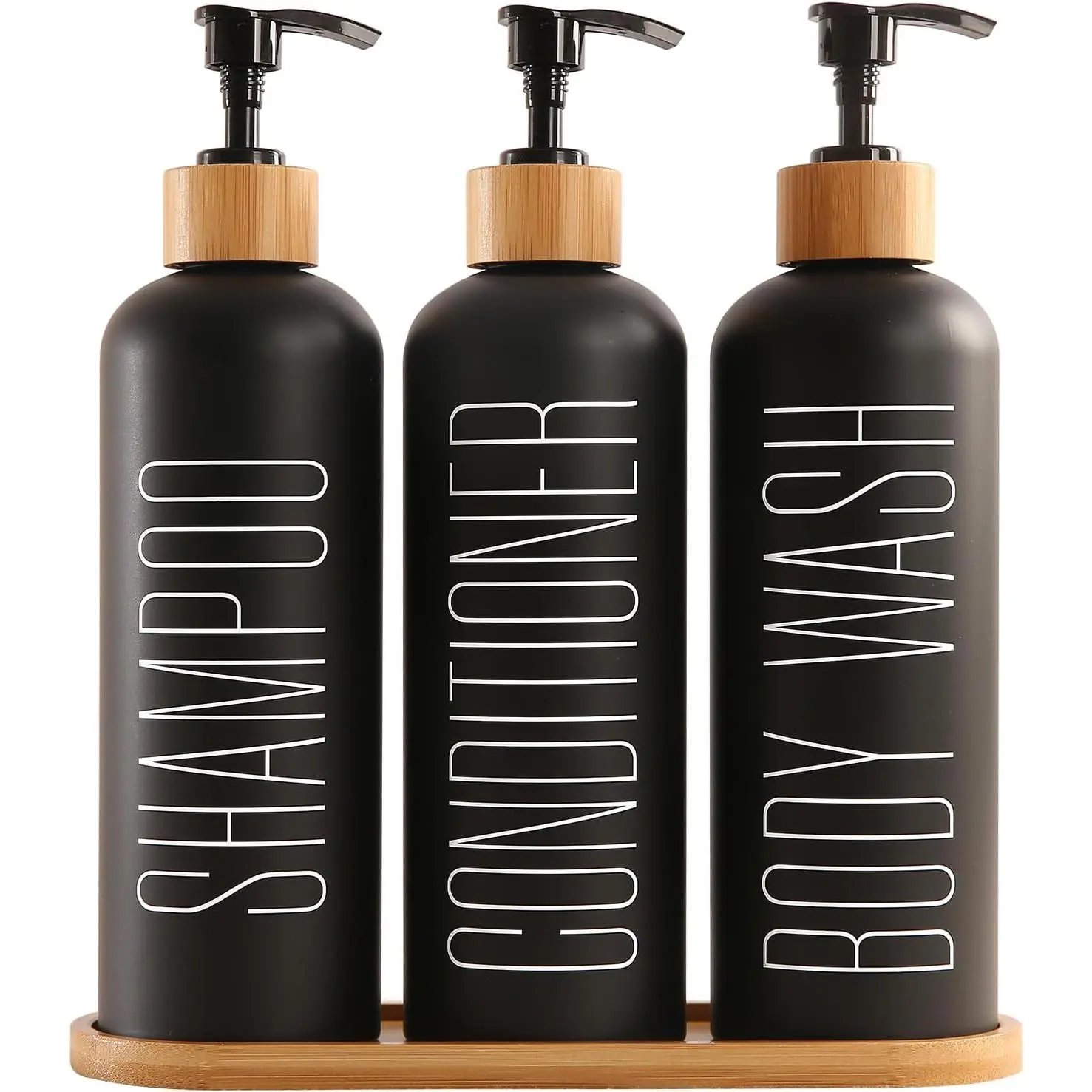 Shampoo and Conditioner Dispenser, Black |  Pumps & Tray,  for Bathroom Essentials for