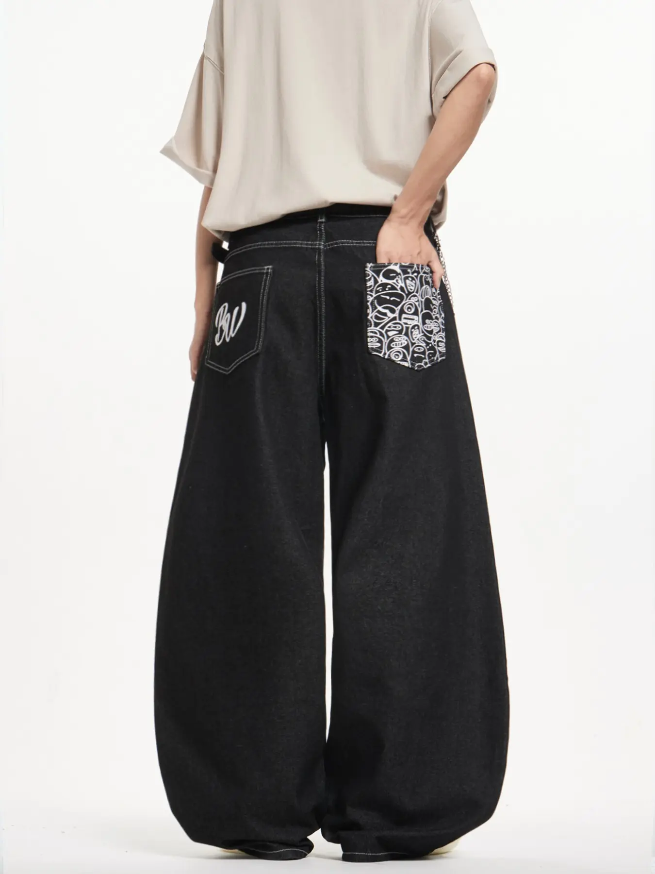 Men's Denim Jeans, Contrast Stitching Back Pocket Letter Graffiti Print Straight Leg Wide Leg Jeans, Y2K Street Hip Hop Fashion Loose Long Pants, Streetwear Denim Jeans