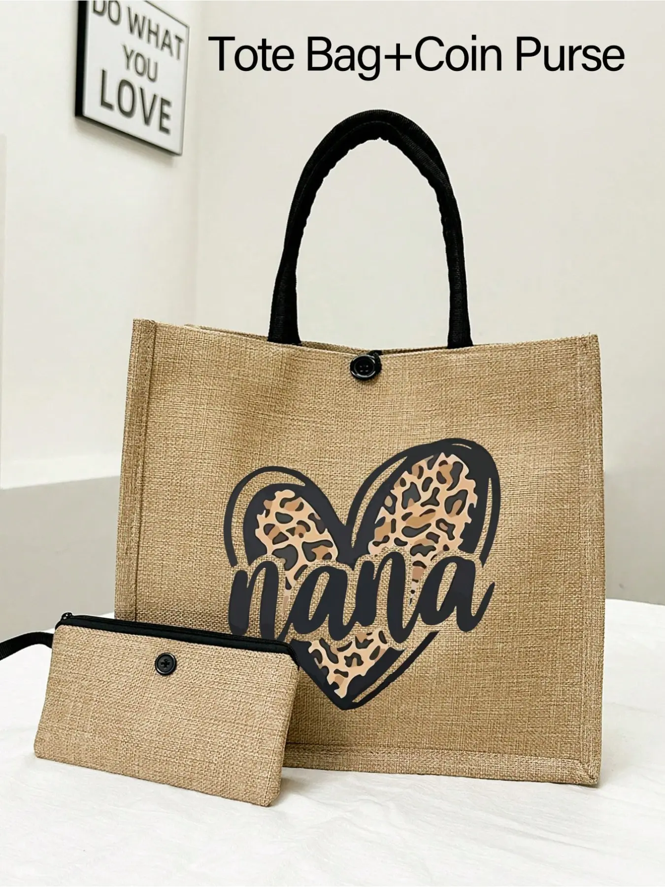 Linen Handbag with Coin Purse, Large Capacity Linen Bag with Small Pouch, Leopard Print Grandma Letter Pattern, Fashion Women's Shoulder Bag