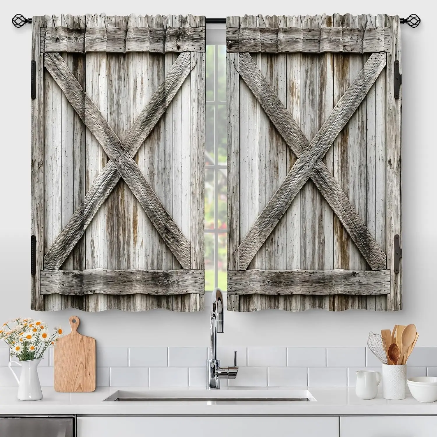 Farmhouse Country Wood Kitchen Curtains - Wooden Barn Door Vintage Short Tier Curtains Over Sink Natural Rustic Farm Decor Rod Pocket Window Drapes 36 Inch Length 2 Panel Set, 28"x36"