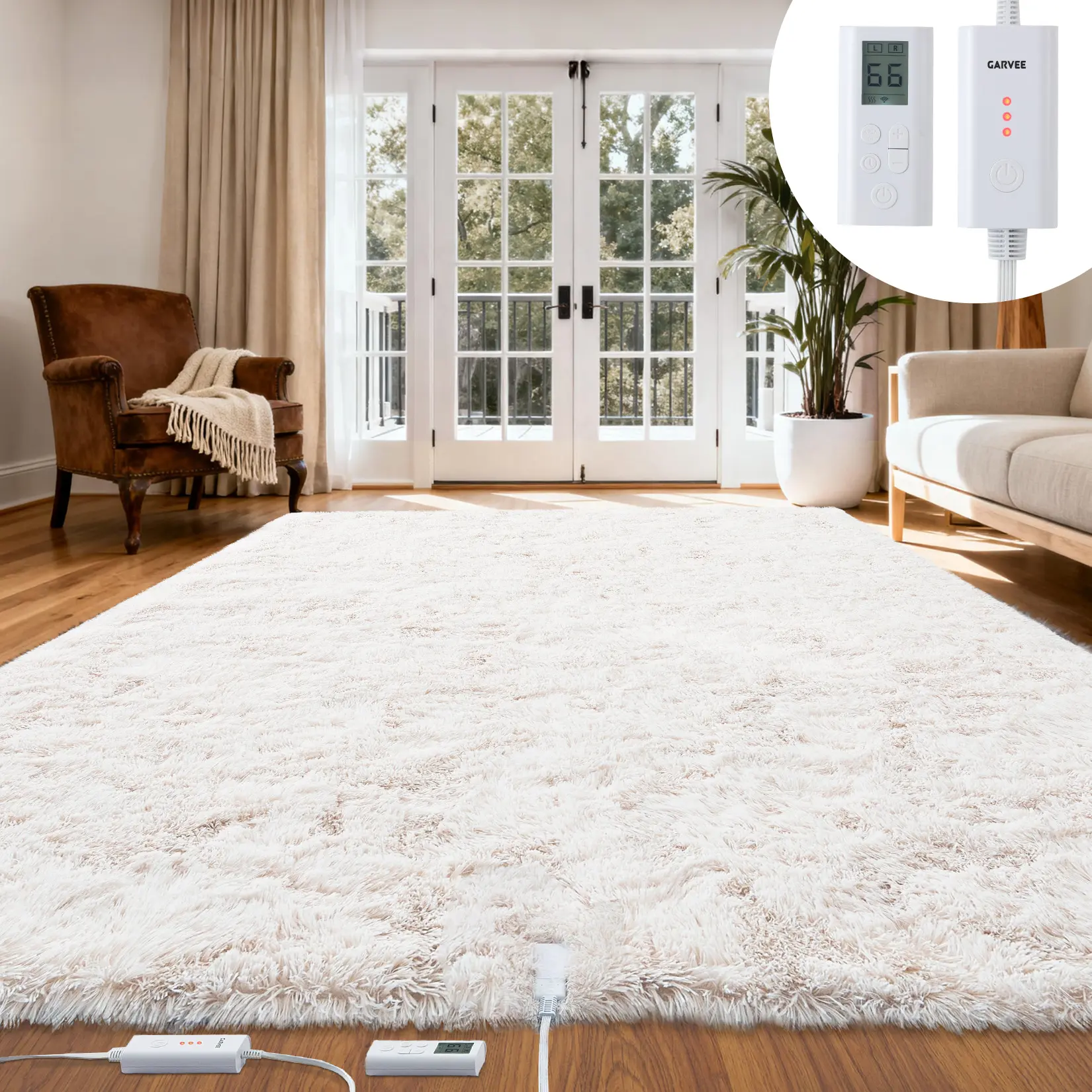 5x7 Heated Area Rug, Plush Electric Carpet with Wireless RF Controller, LCD Display, Adjustable Heat and Timer for Bedroom Living Room, Ivory