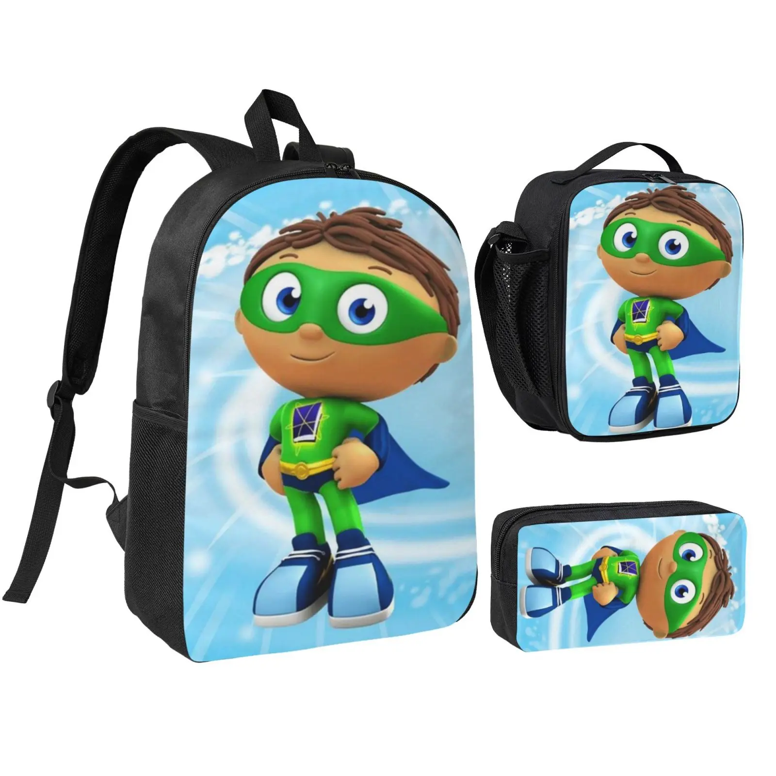 Anime Super Why3 Kids 3Pcs Multipurpose Teen Backpack Set with Adjustable Shoulder Straps, School Bookbag, Insulated Lunch Box & Pencil Bag for Boys Girls Daily School Travel Office