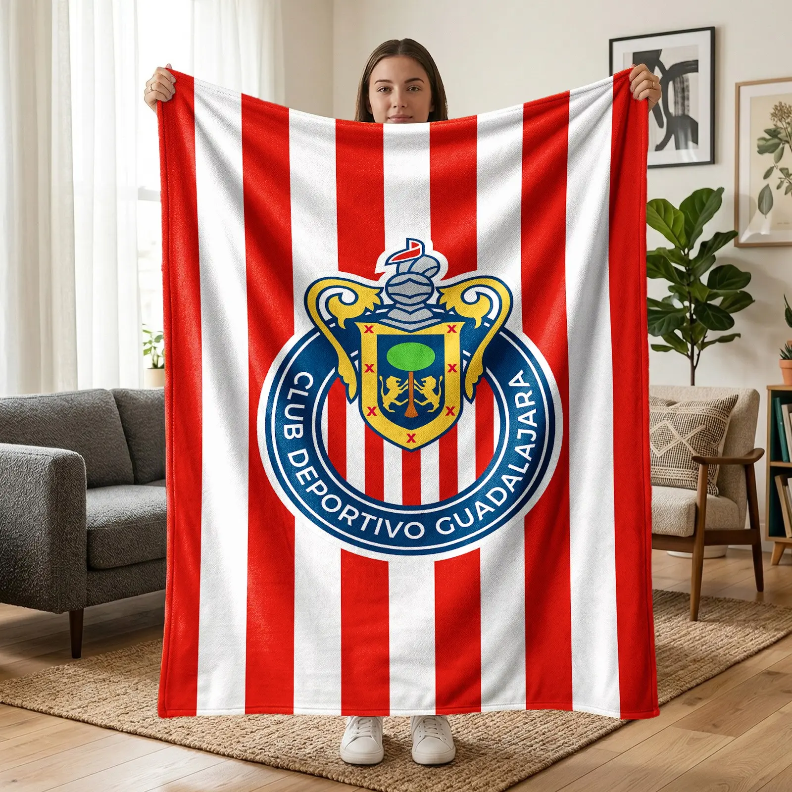 1pc Club Deportivo Guadalajara Red White Vertical Stripe Crest Fleece Blanket, Printed with Red White Stripes, CDG Football Club Vintage Badge Logo Elements. Soft Warm Cozy Nap Blanket for Sofa, Bed, Office, Shawl, Camping & Travel, Ideal Christmas Gift.