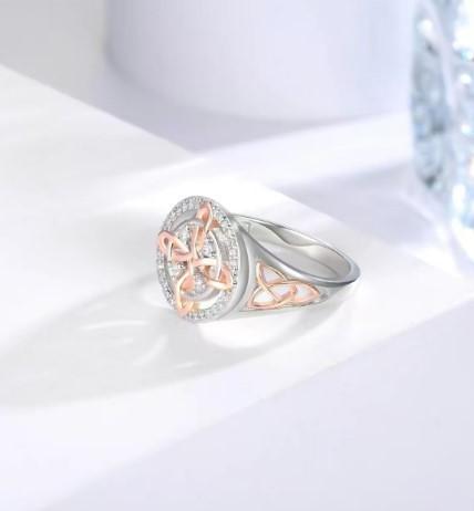925 Sterling Silver Rose Gold Plated Celtic Knot Ring - Witch Knot Jewelry, Cubic Zirconia Decorated S925 Witches Knot Ring, Witchtok Pagan Jewelry