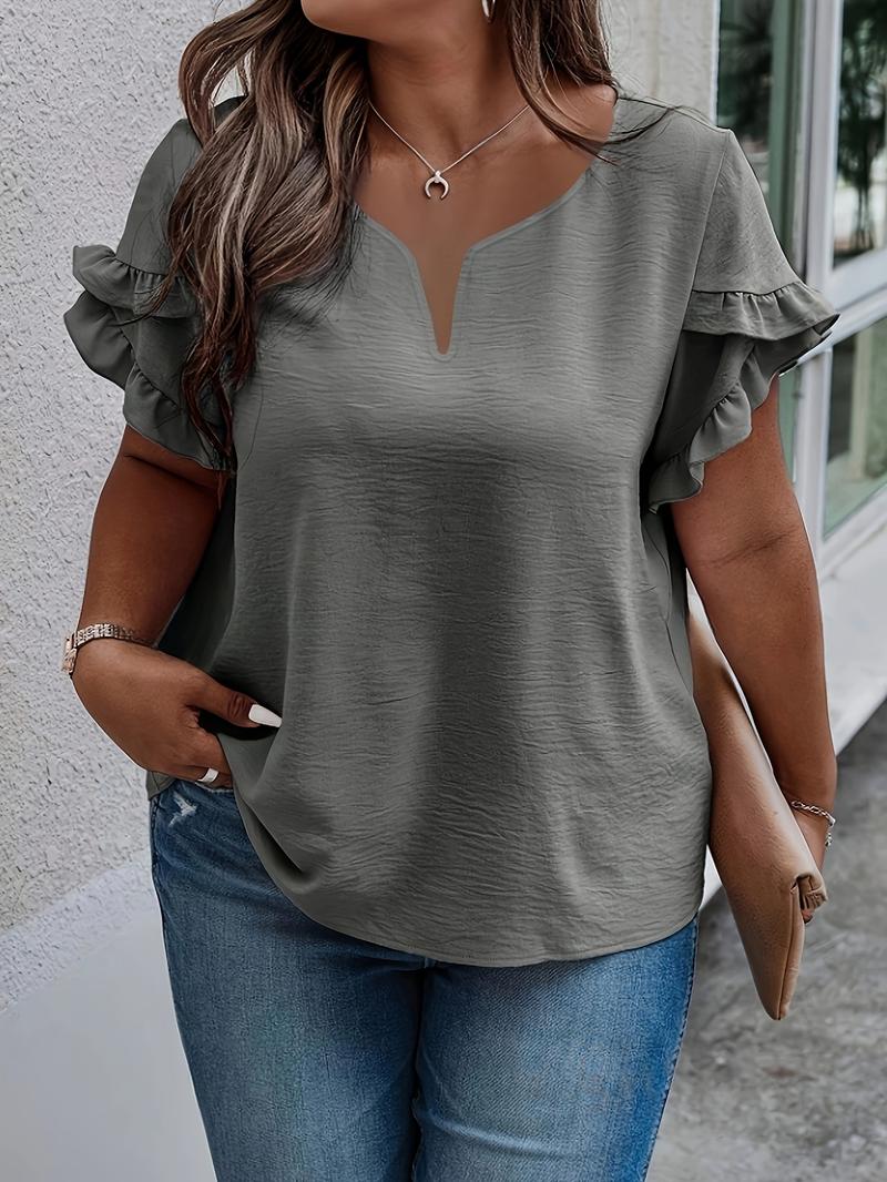 Plus Size Plain Frill Trim Petal Sleeve Notched Neck Tee, Casual Short Sleeve T-shirt for Daily Wear, Women Plus Clothing for All Seasons