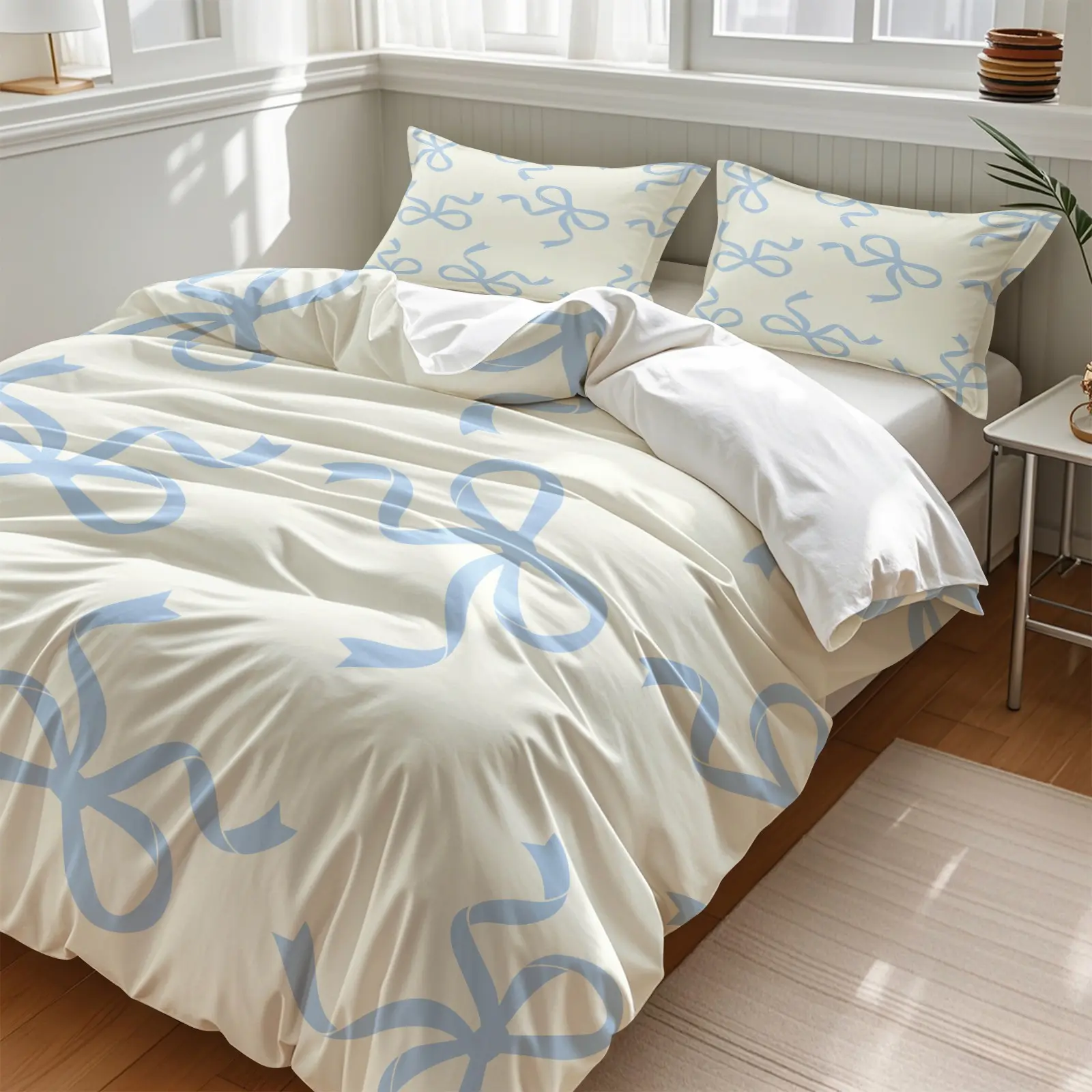 2/3Pcs Cute Light Blue Bow Duvet Cover Set, Cream White Aesthetic Bedding Set, Soft Breathable Girls Room Decor Comforter Cover with Pillowcases, Zipper & Corner Ties, Machine Washable