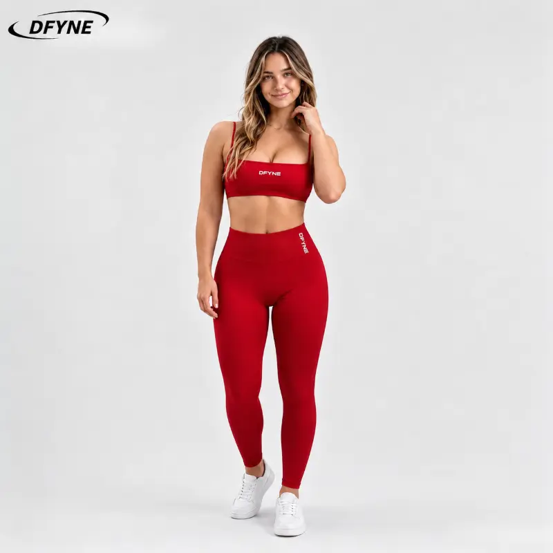 DFYNE Seamless Gym Outfit 2 Piece Set - Thin Strap Bandeau Top & High Waisted Scrunch Leggings for Women| Form-Fitting Activewear Suit for Fitness & Yoga