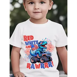 US Independence Day Summer Boys' Fashion Short-Sleeve T-Shirt RED WHITE AND RAWRRR! Tyrannosaurus Rex Wearing Flag Fashion Glasses, Driving a Monster Truck with an American Flag Paint Job, Cartoon Graphic Print Outdoor Casual Top NY-DX9787