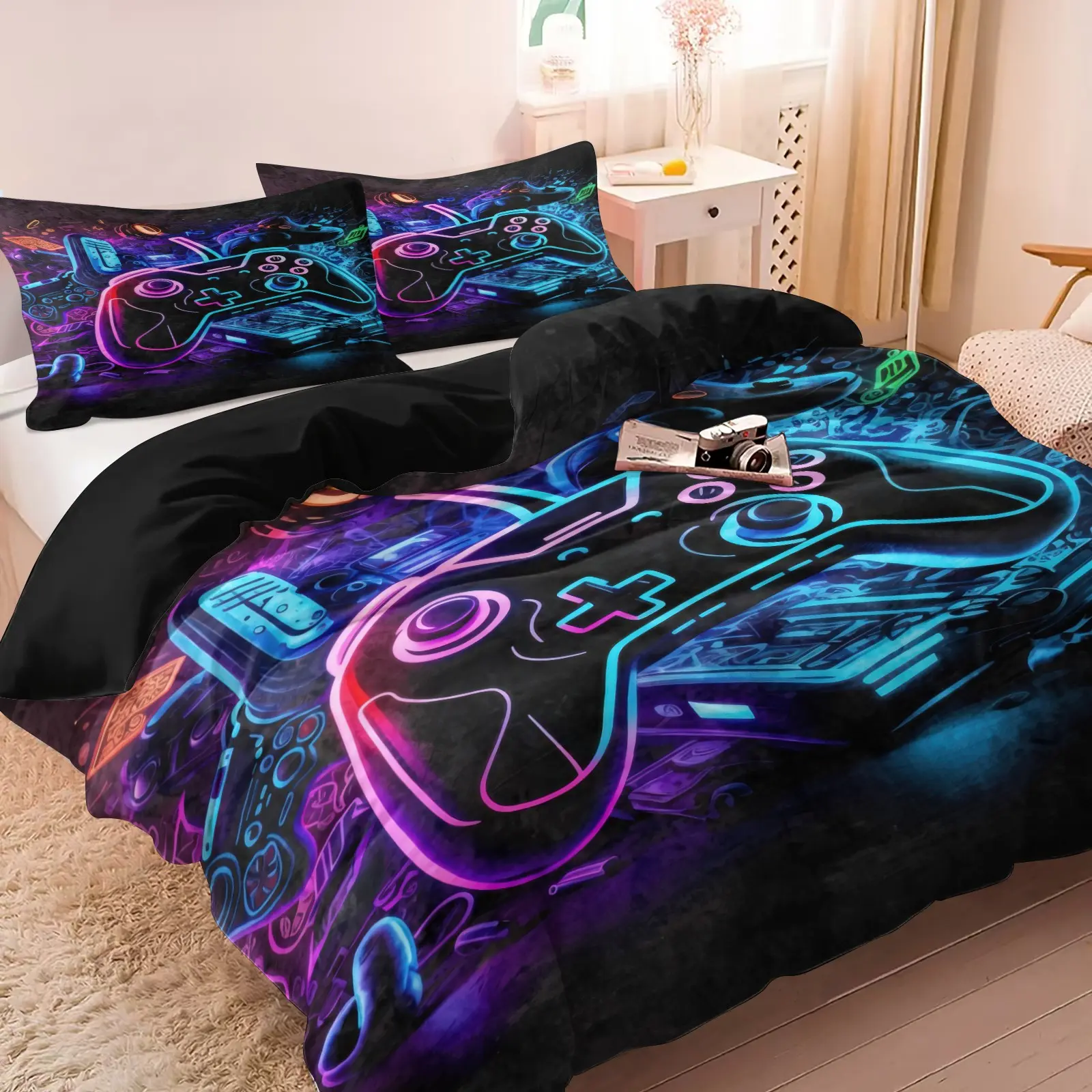 Neon Game Controller Duvet Cover Set, Gamer Printed Bedding Set, Soft Microfiber, Comfy Bed Cover, Cool Video Game Bed Decor for Teen Boys Gaming Room Birthday Gift, 1 Duvet Cover & 1/2 Pillowcases No Filling