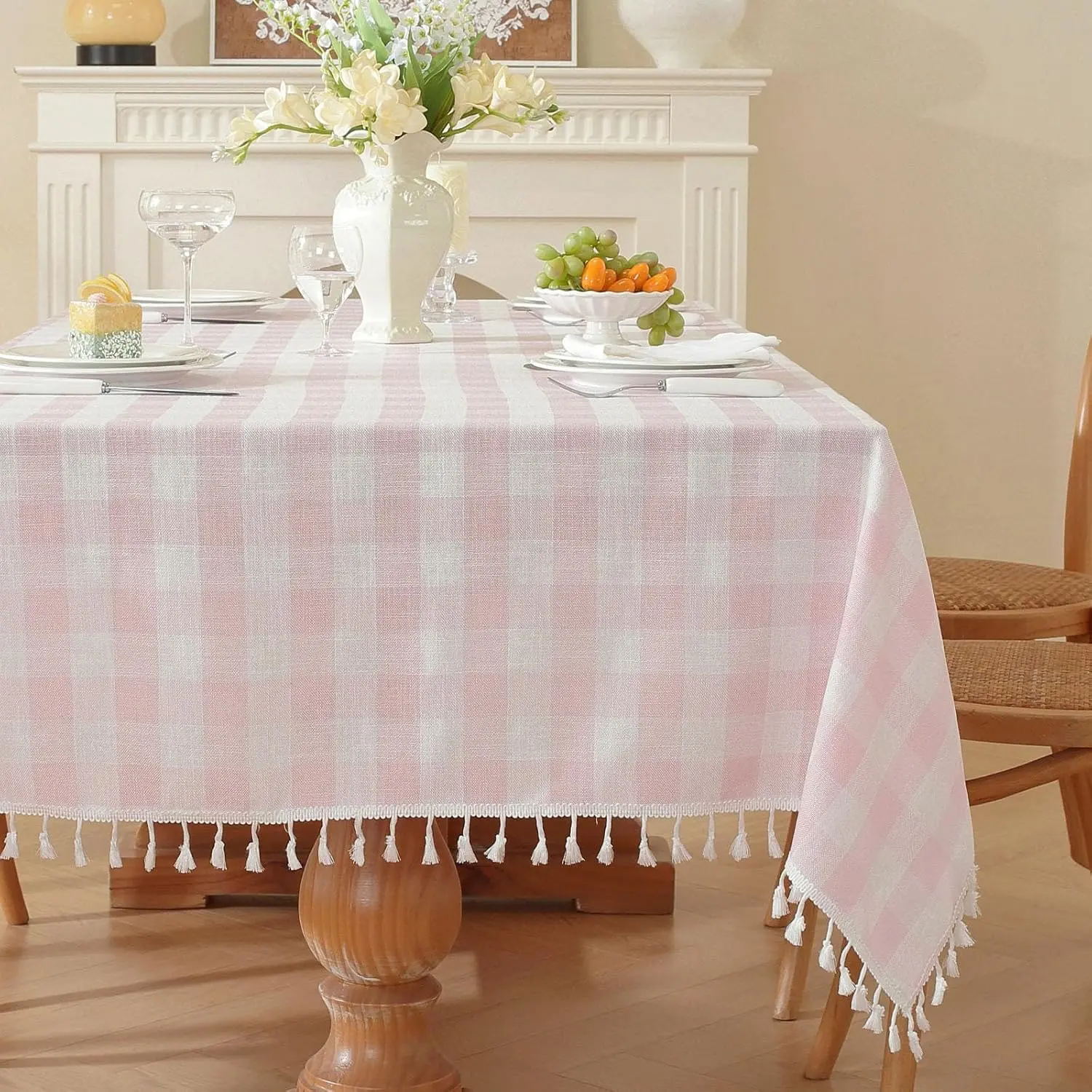 Gingham Tablecloth Rectangular, Tassels Checkered Table Cloth Washable Cotton Linen Plaid Table Cover for Spring Summer Kitchen Dining Party,Pink and White,55x70