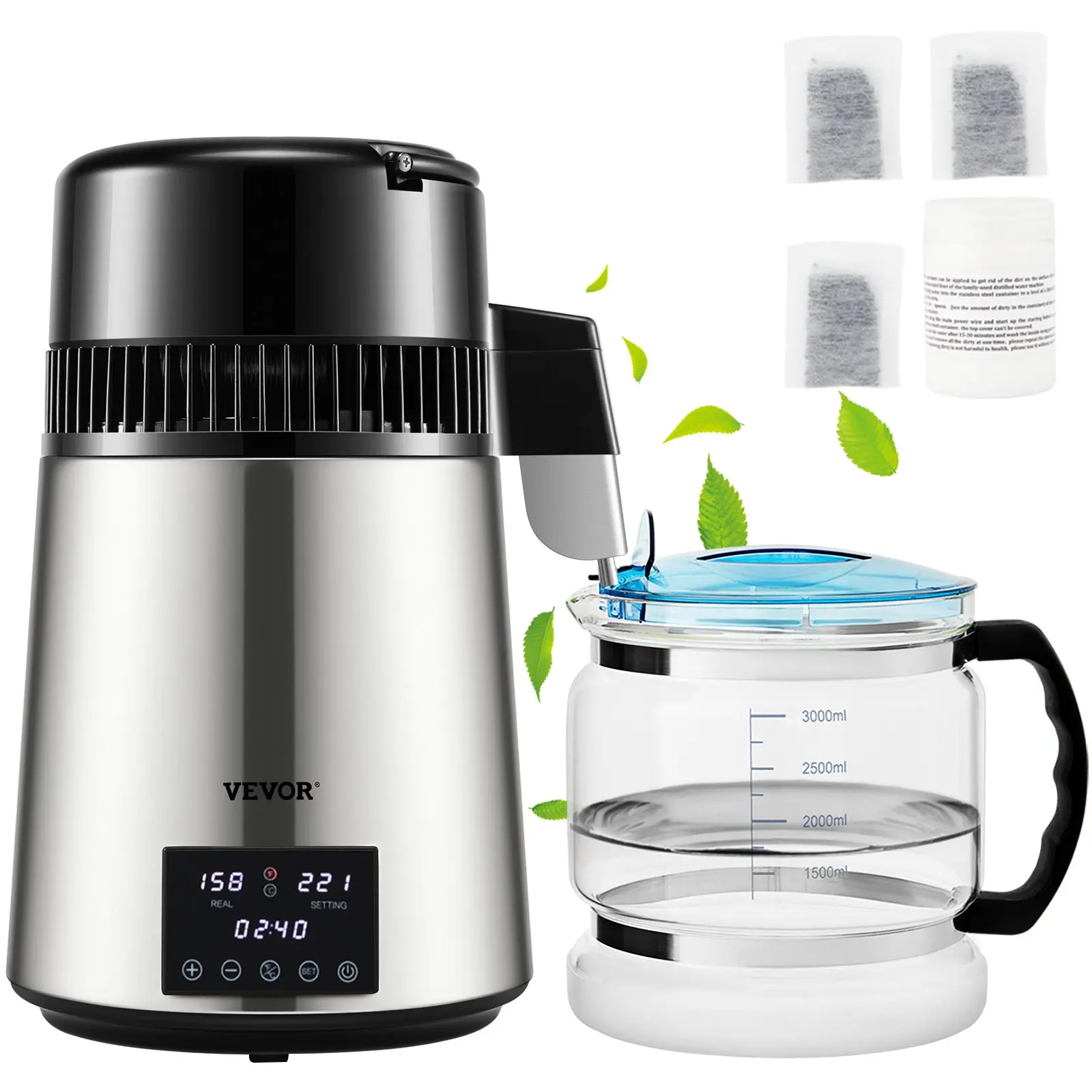 VEVOR Stainless Steel Distiller Machine, 1.1Gal Capacity, 0.4Gal/H Speed, 1750W, 0-99H Timing, Dual Temp Disp., Countertop Model with Glass Carafe, 3 Carbon Packs & Cleaning Powder, Silver