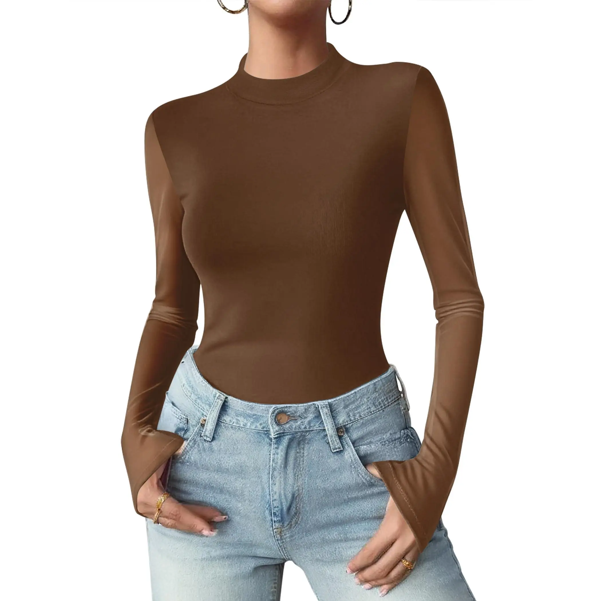 Zeagoo Women Floral Mesh Long Sleeve Tops Mock Neck See Through Blouses Shirts Womenswear