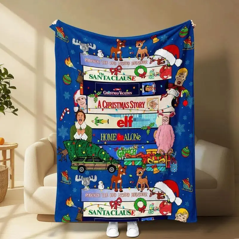 Christmas Movie Themed Printed Flannel Throw Blankets 280GSM Soft Throws Blanket Bedding Bed Accessories Bright Festive Design With Gifts Snowflakes Decorations Rudolph Classic Films Ideal For Holiday Decor Gifting Blankets For Sofa