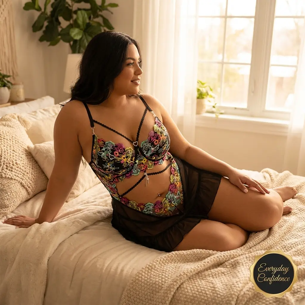 New Arrival Multicolor Floral Embroidery Mesh Intimates Set plussize Rhinestone Strap Decor Adjustable Waist Tie Lightweight Ruffle Short Home Outfit soft supportive lingerie lingerie set