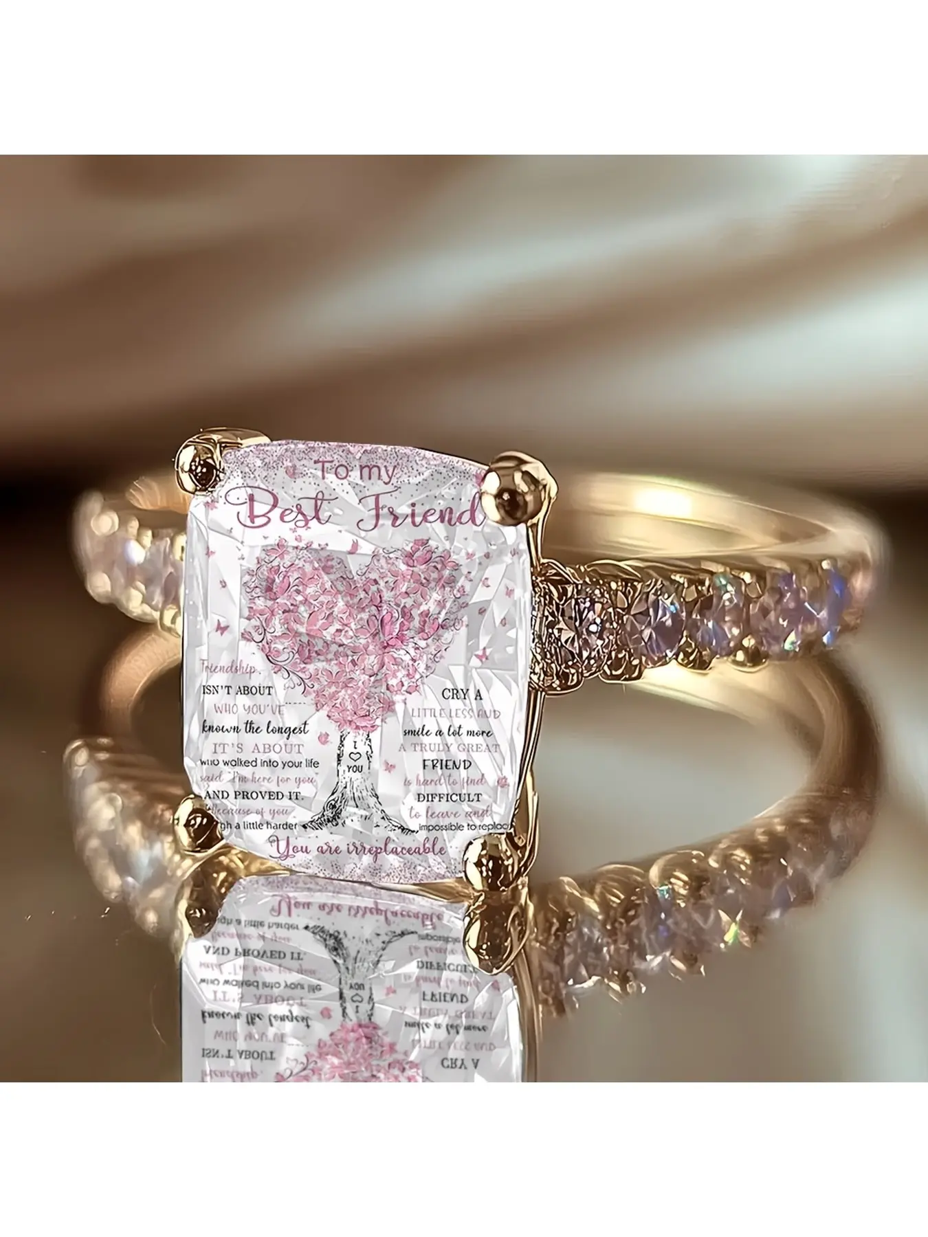 Women's Vintage Bestie Heart Tree of Life Square Ring, Friendship English Text Jewelry, BFF Memorial Gift Decorative Accessory