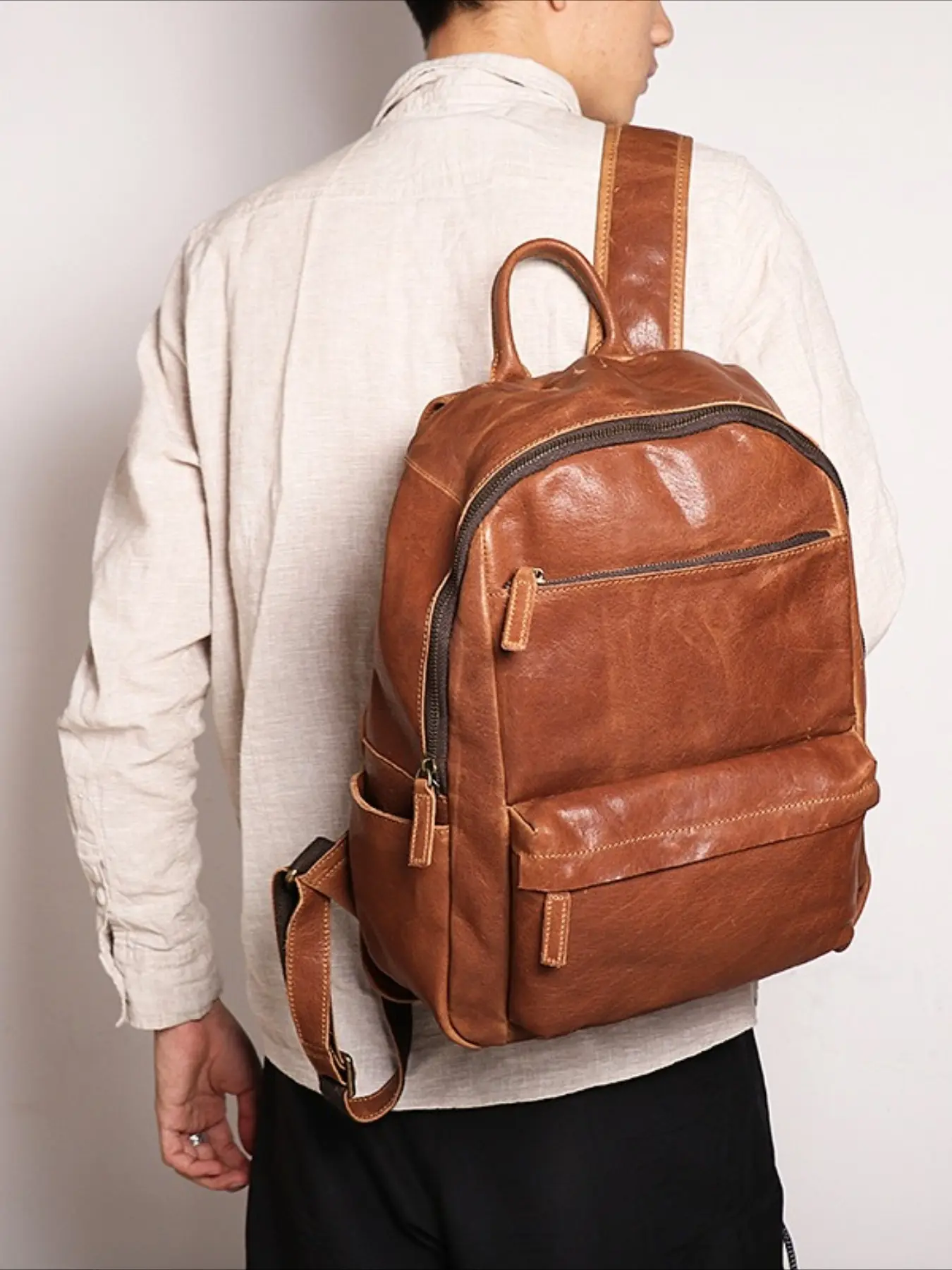 New men's leather backpack women's first layer cowhide 14-inch computer backpack outdoor travel schoolbag Leather Laptop Backpack