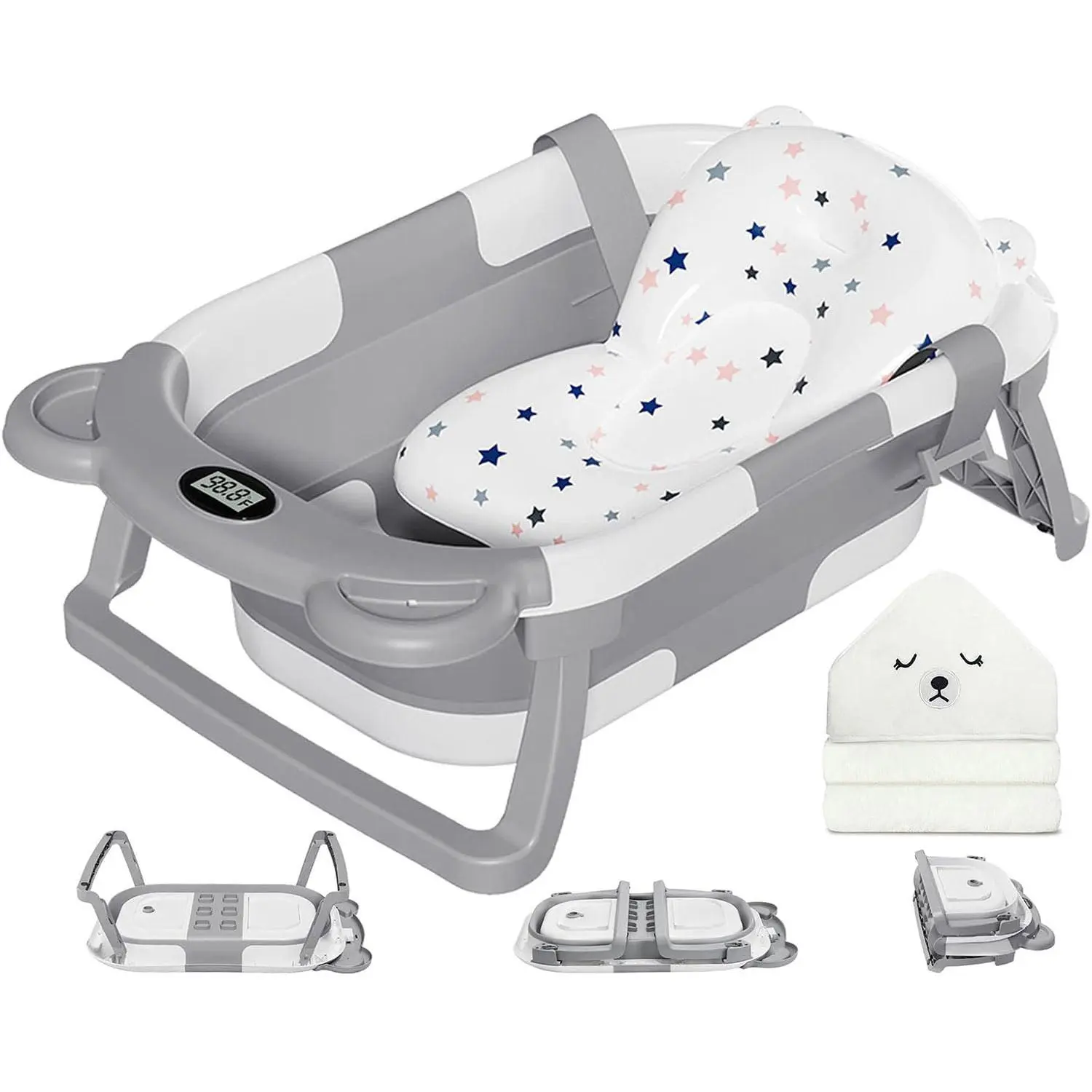 Foldable Baby Bathtub Set for 0-2 Years Infants to Toddlers (Infant Size), Portable Travel Kit with Digital Thermometer, Soft Floating Cushion & Hooded Towel, Durable