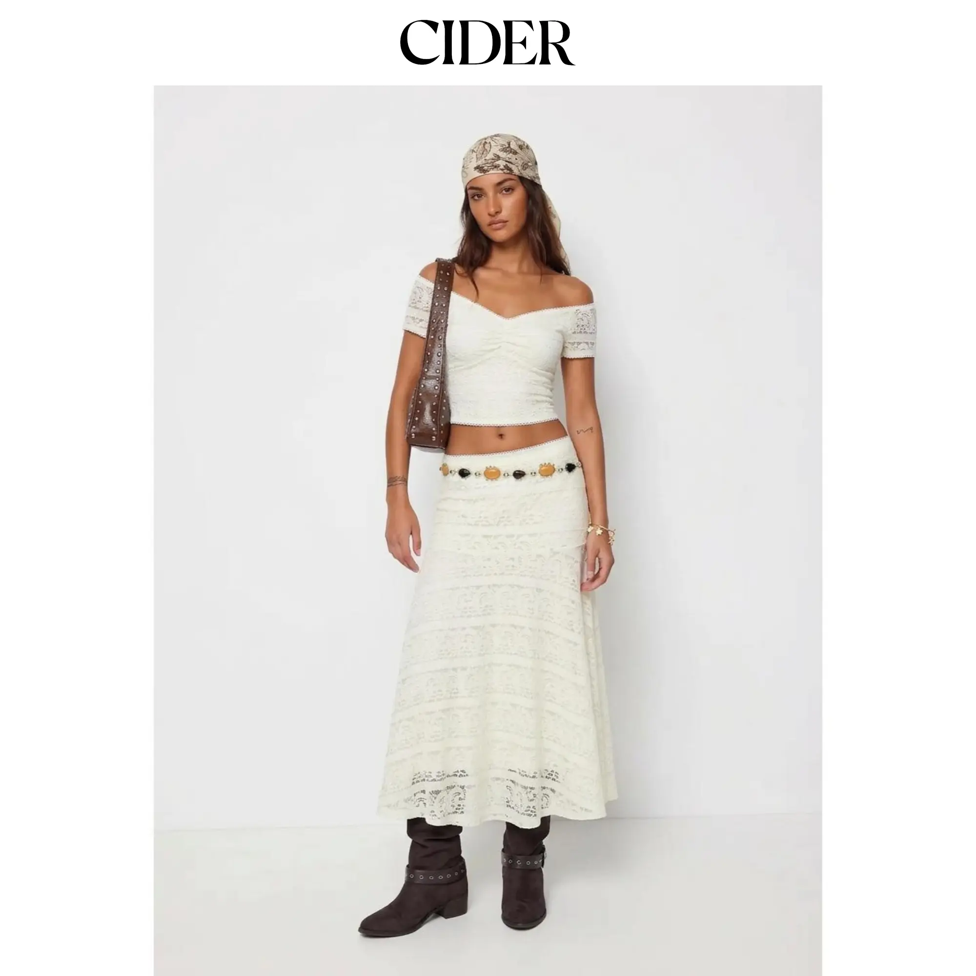 Cider Lace Off-Shoulder Crop Top & Mid Rise A-line Maxi Skirt Set SohoChic