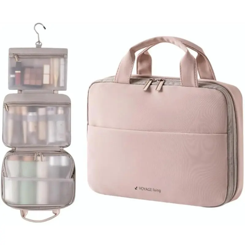 Hanging Travel Toiletry Bag for Women, 3-Tier Makeup Organizer, Large Capacity Waterproof PU Leather Cosmetic Case, Travel Essentials