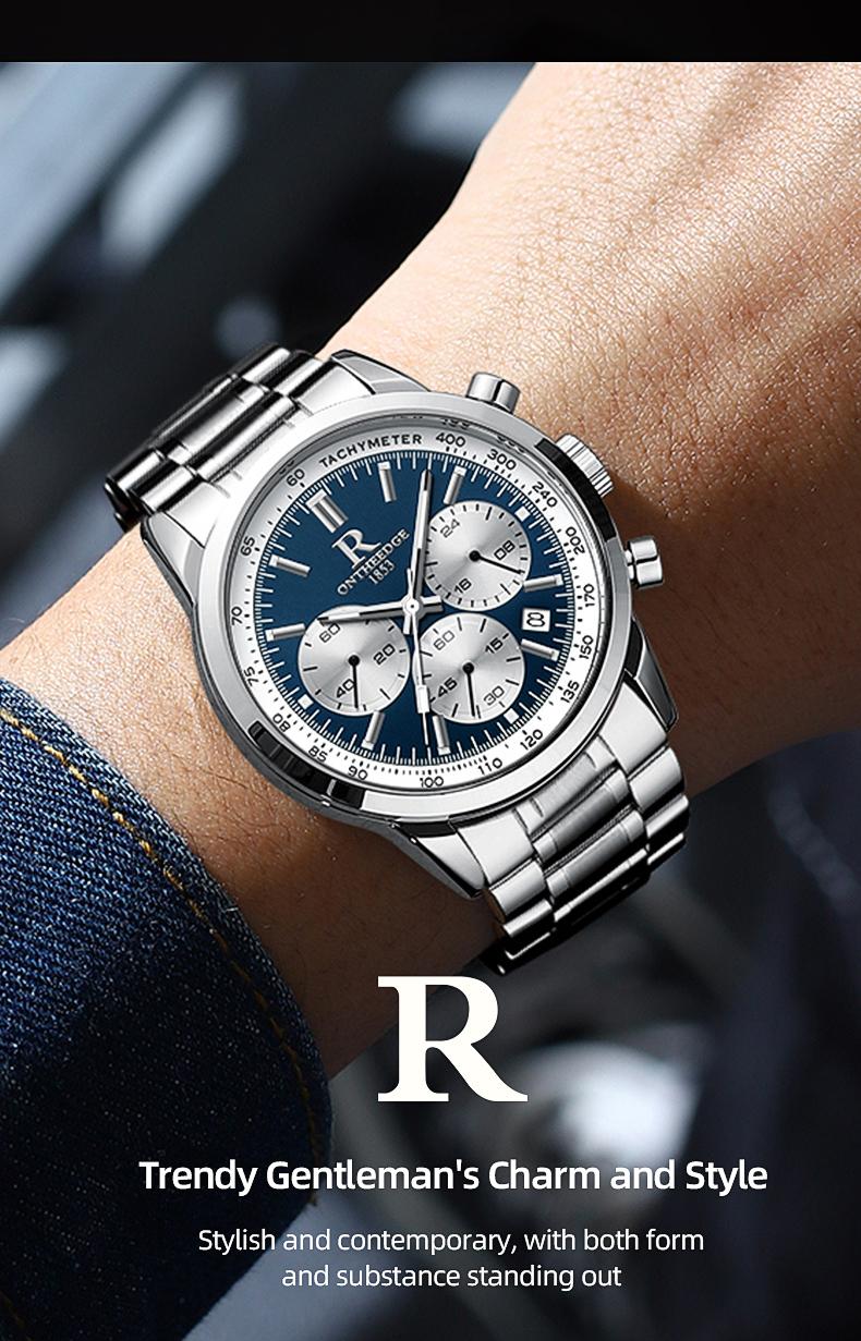 Men's Luxury Blue Dial Chronograph Quartz Watch - Stainless Steel Wristwatch with Tachymeter, Date Display, Multi-Function Subdials, Elegant Business Sport Dress Watch, Perfect Gift for Husband Dad Boyfriend