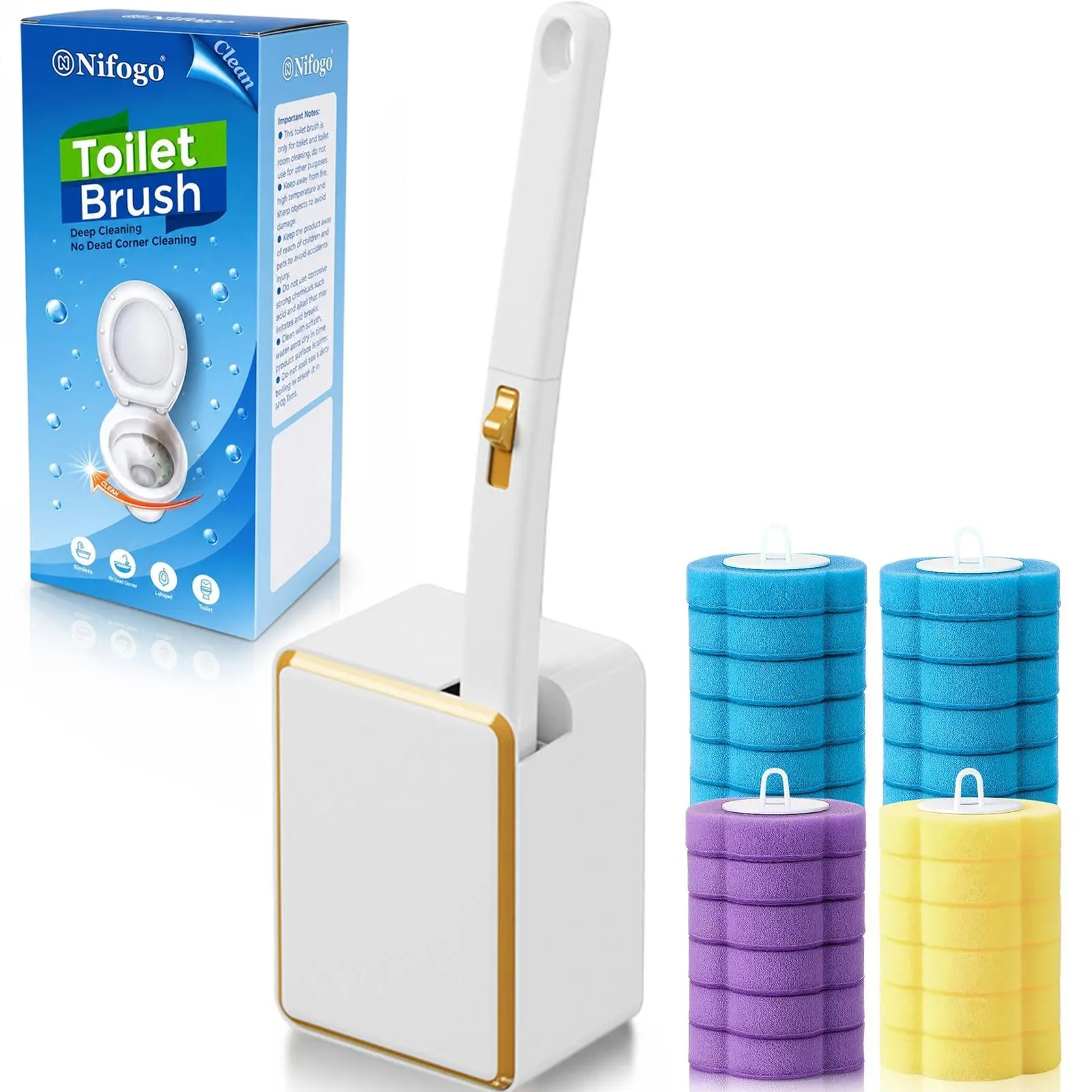 Nifogo Square Gold Rim White Toilet Brush Set, Stylish Home Cleaning Essential, Wall Mount Disposable Cleaning Wand with 24 Mixed Fragrance Refills, Toilet Cleaning Tool, Toilet Scrubber Brush