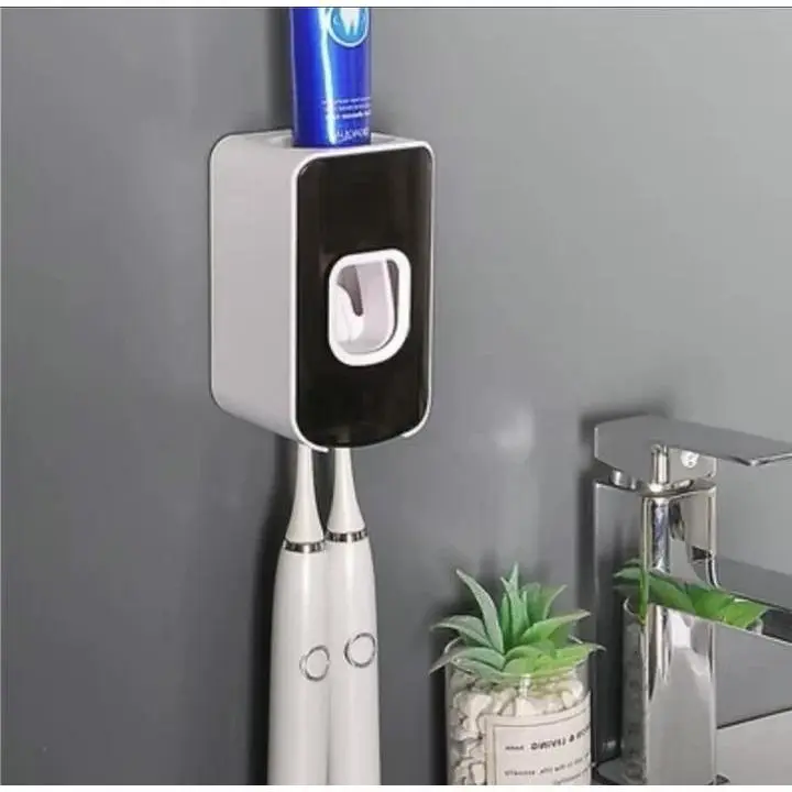 Wall-Mounted Toothbrush Holder with Cover - 2-Slot, 2 In 1 ABS Bathroom Organizer, Automatic Toothpaste Squeezer & Dispenser, Waterproof, Removable, Camper & RV-Ready Toothbrush Holders for Bathrooms