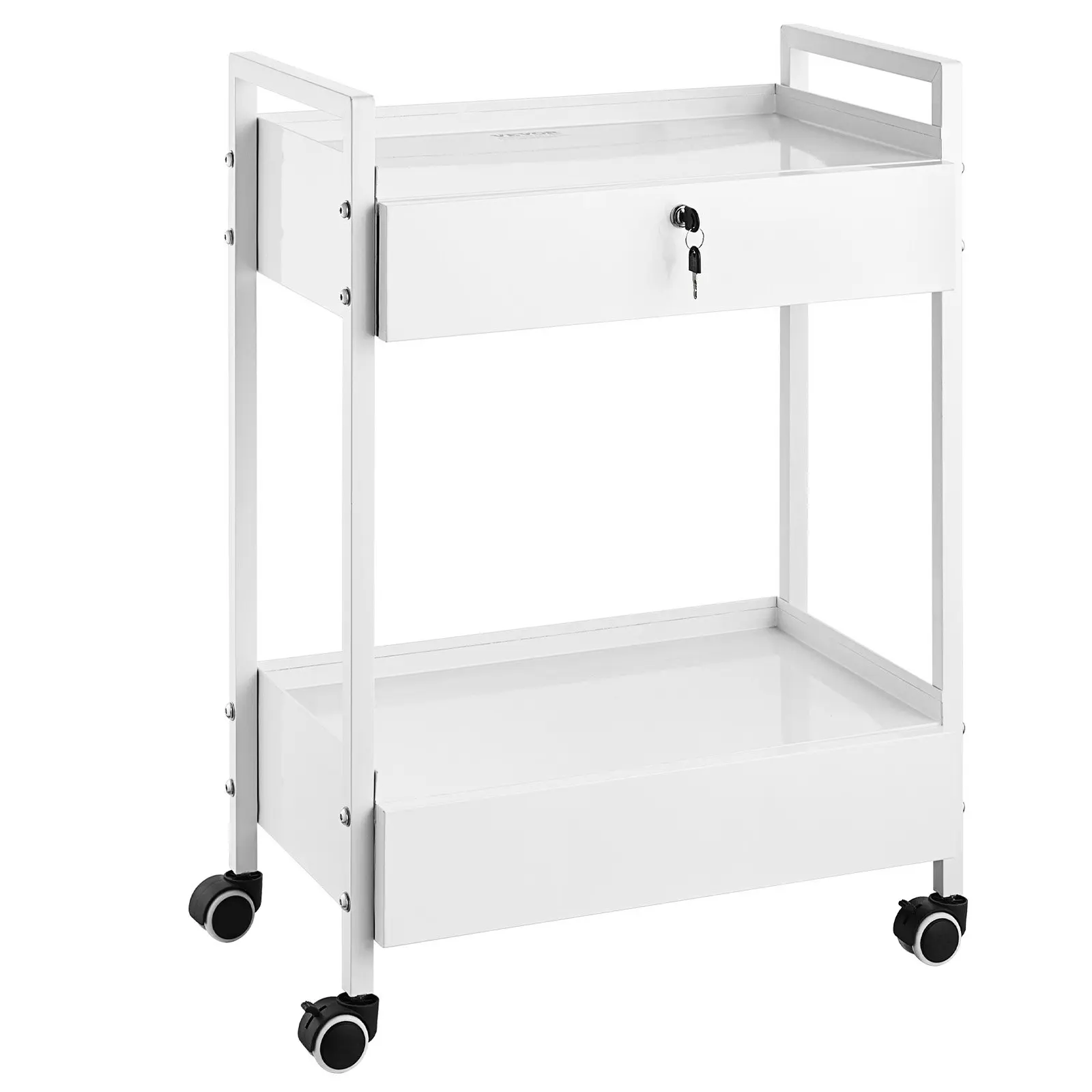 VEVOR Lab Cart, 2 Tiers Stainless Steel Utility Cart, Medical Cart with 2 Drawers, Rolling Lab Cart White Paint, Serving Cart with Swivel Casters for Laboratory, Hospital, Dental, Salon and Beauty