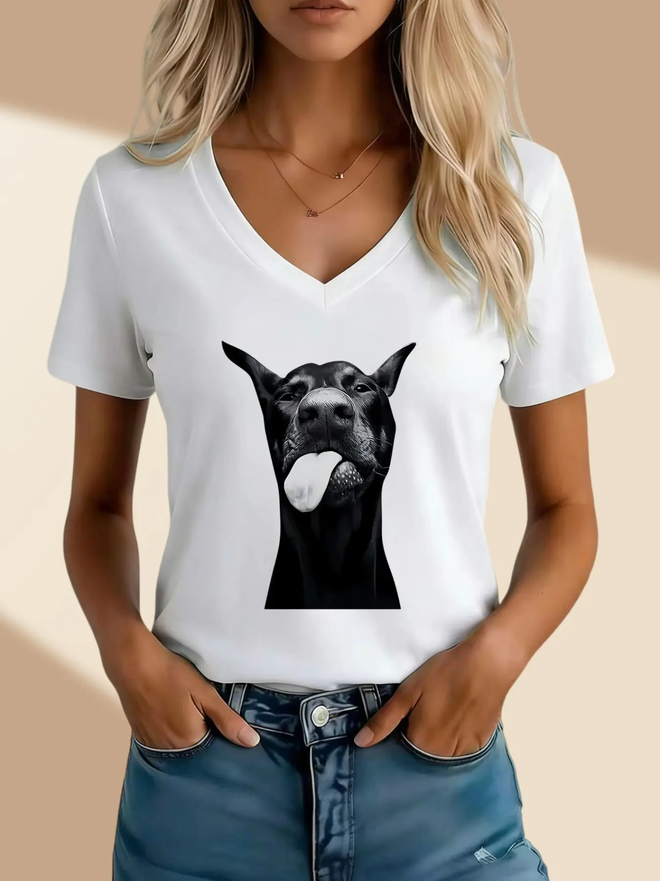 Women's Short Sleeve T-Shirt, Dog Pattern Print, Spring Summer, Cute Pet Style, V Neck, Casual Fashion