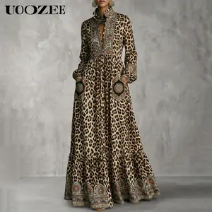 UOOZEE Women's Leopard Paisley Print Border Trim Satin Maxi Shirt Dress, Mandarin Collar Long Sleeve Button Front Floor Length Gown with Pockets, Size Up for Full Cups, Resort Curvy Plus Size Dress