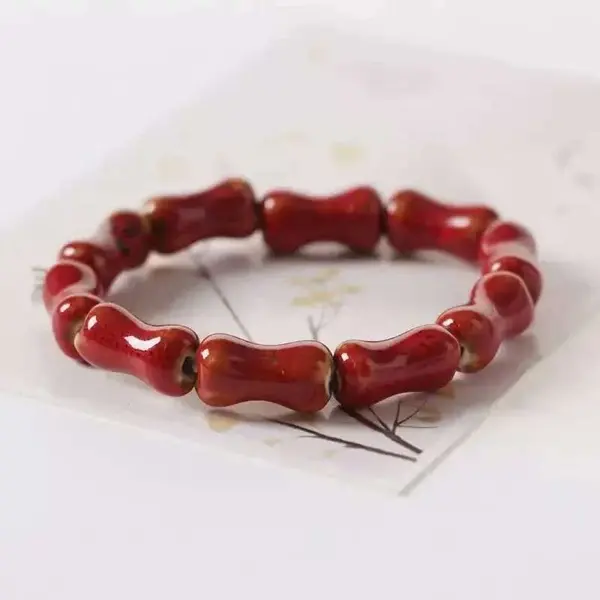 Vibrant Red High-Fired Ceramic Bamboo Beaded Bracelet - Handmade Boho Stackable Jewelry pulseras energéticas myanmar jade lucky gift