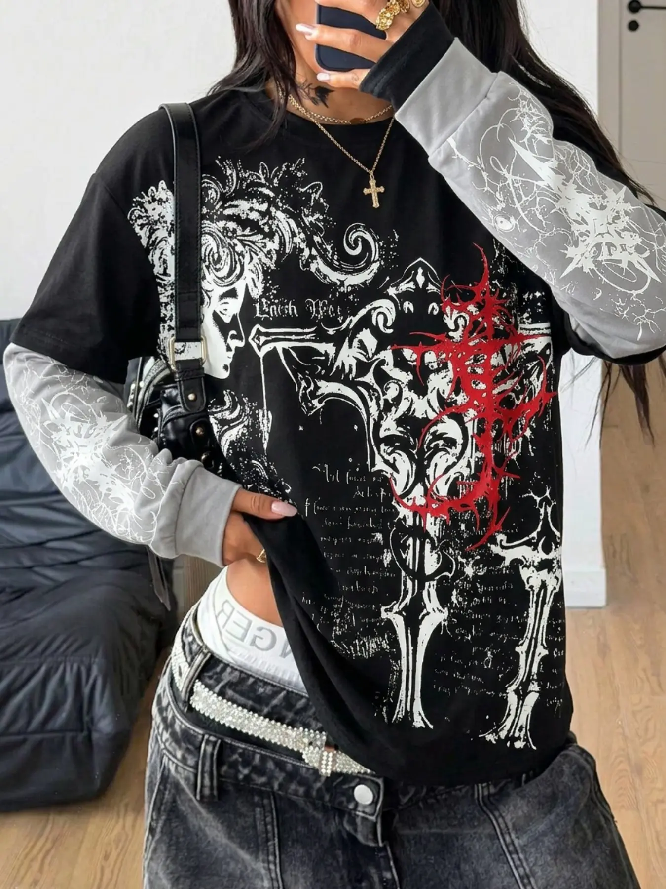 Dark Gothic Fake Two-Piece Long Sleeve T-Shirt for Women, Thorn Portrait Print, Subculture Patchwork Top, Fall & Winter Outerwear