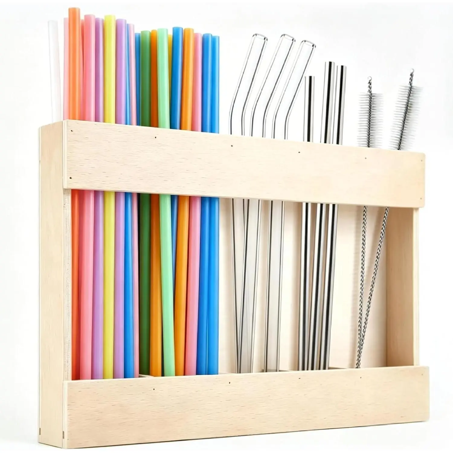 Wooden Straw Dispenser Holder | Easy No-Drill Adhesive Installation | Space-Saving Kitchen Straw Organizer for White Cabinets