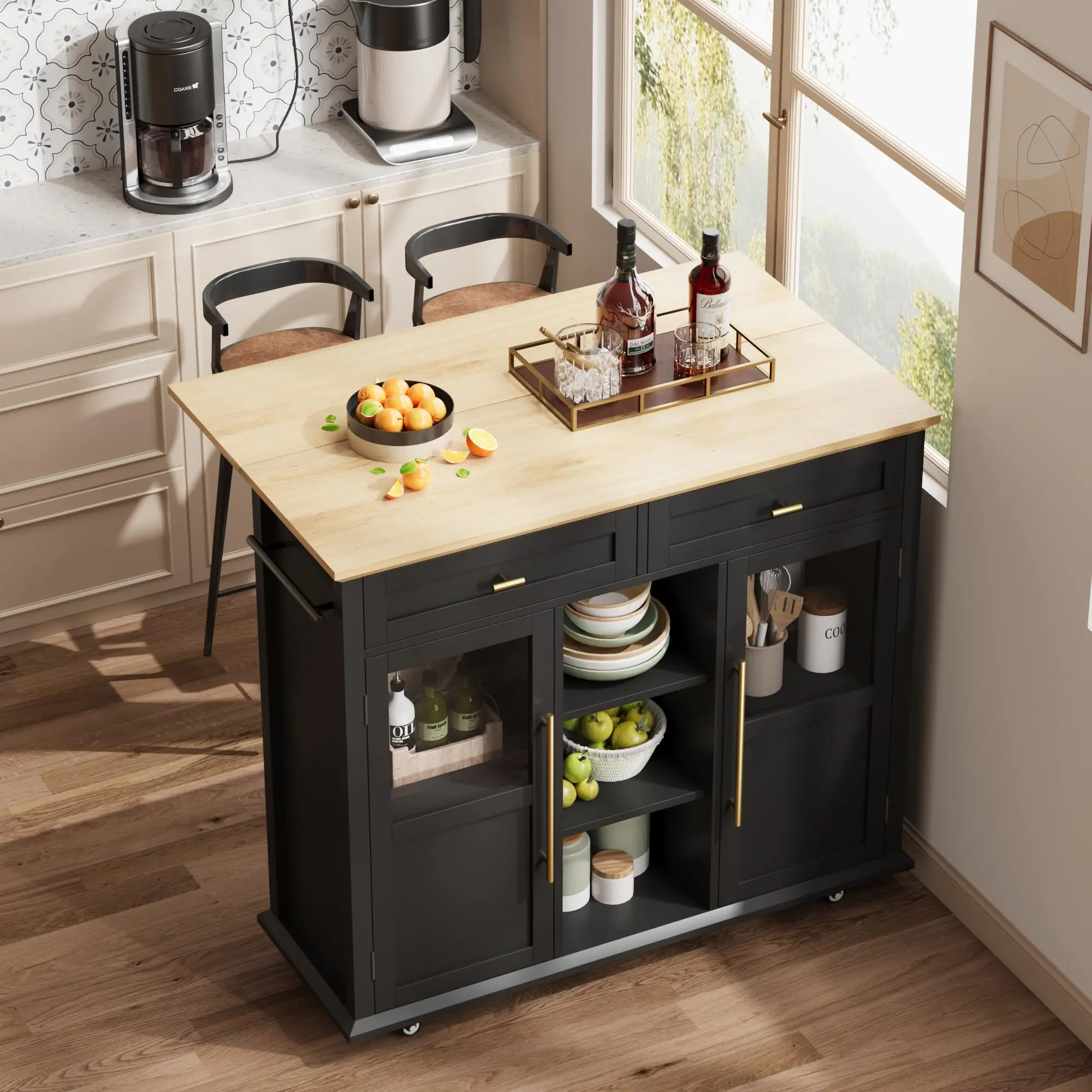 Rolling Kitchen Island Cart with Folding Drop Leaf, Breakfast Bar, Portable Trolley Island with Large Storage Cabinet, Shelf and Drawer