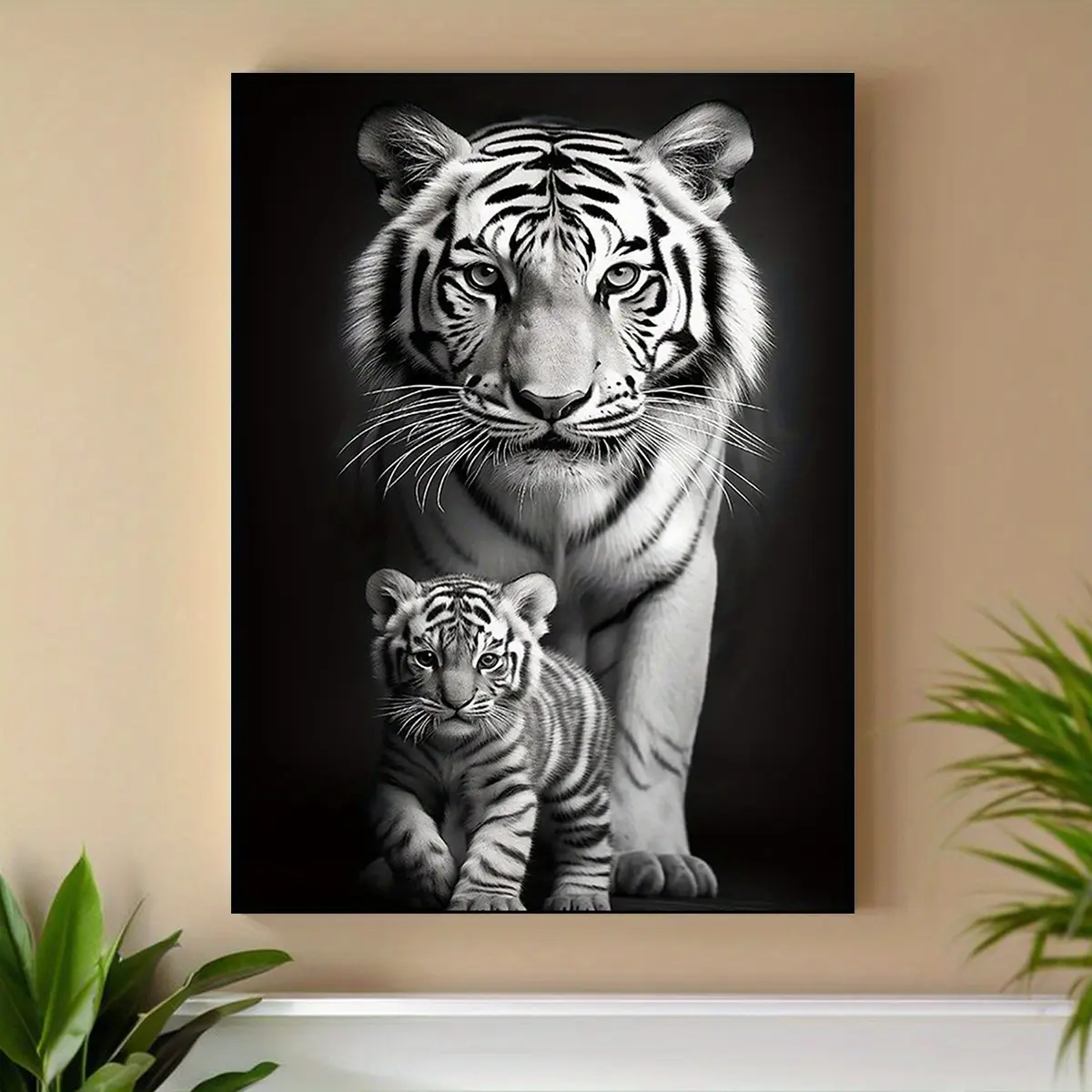 2D Flat, 1pc Canvas Painting, Black and White Tiger with Cub, Fun, Inspirational, Creative Wall Decor for Home, Bedroom, Living Room, Kids' Room, Farm, Hotel, Cafe, Room Artwork, Canvas Wall Art Poster, framed,Halloween Christmas Decor