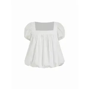 Cider Cotton-blend Square Neck Puff Sleeve Ruched Bubble Hem Blouse Dealsforyou