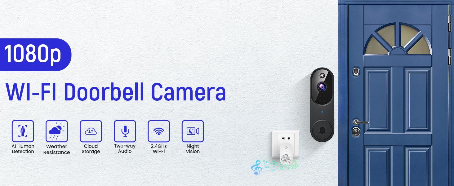 1080P Wireless Video Doorbell Camera, Night Vision, Cloud Storage (Sold Separately), 2.4GHz Wi-Fi Only, AI Human Detection, Real-Time Alert, 2-Way Audio, Battery