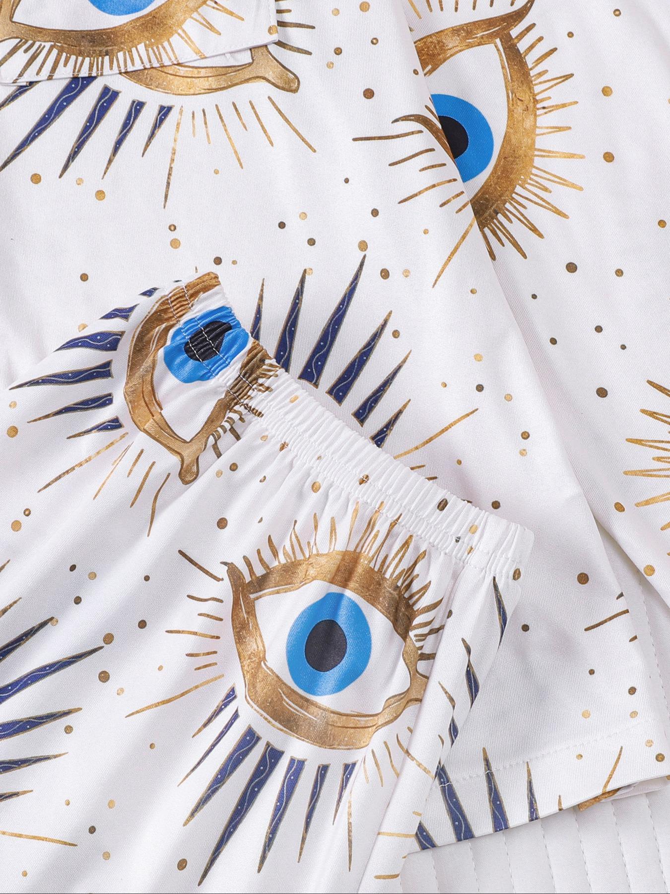 Women's Random Print Pajama Set Loungewear, Casual Comfy Long Sleeve Button Up Top & Elastic Waist Pants PJ Set, Ladies Sleepwear for All Seasons