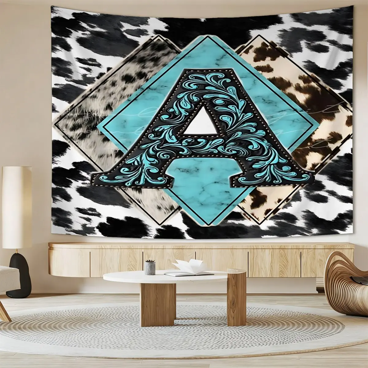 Western-Style Cow Print Tapestry With Initials A-Z, Wall Art Decoration, Wall Tapestries, Pastoral Farmhouse Background Wall Hanging, Soft Furnishing Decoration Items for Living Rooms, Apartments, and Dormitories.
