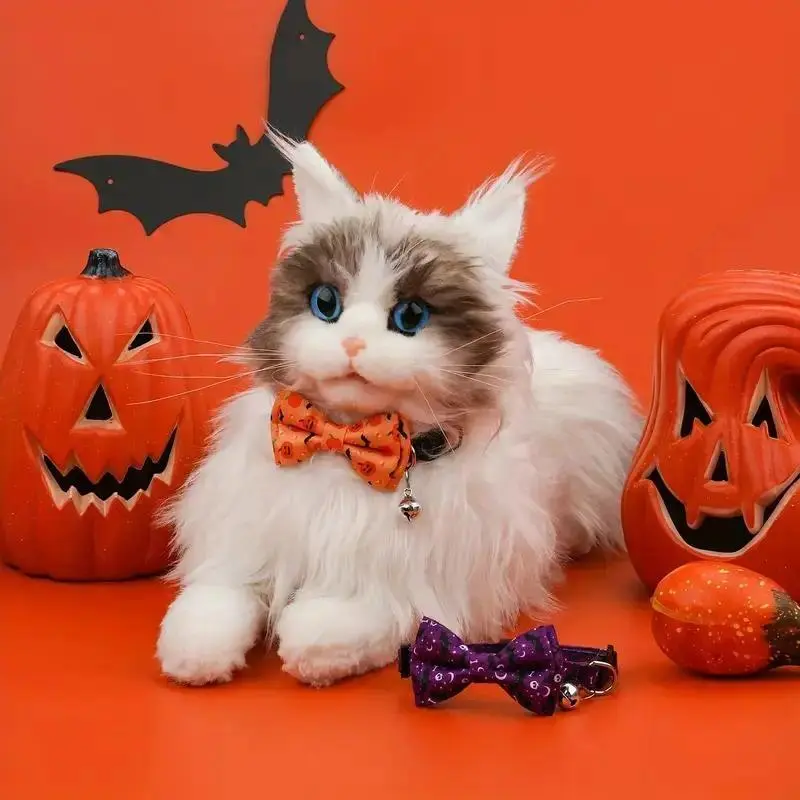Halloween Festive Cartoon Pattern Polyester Cat Collar with Bell, Bowtie, Adjustable Breakaway Pet Necklace with Safety Buckle, Cat Jewelry Accessory