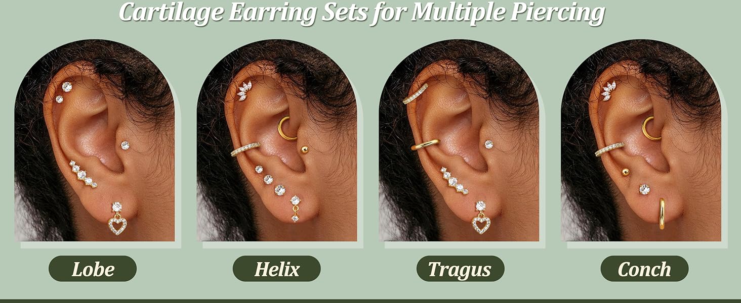 CASSIECA Flat Back Earrings for Women Cartilage Earrings Stacks-20G Surgical Stainless Steel Flatback Stud Hoop Earring Set Daith Conch Tragus Helix Piercing Jewelry