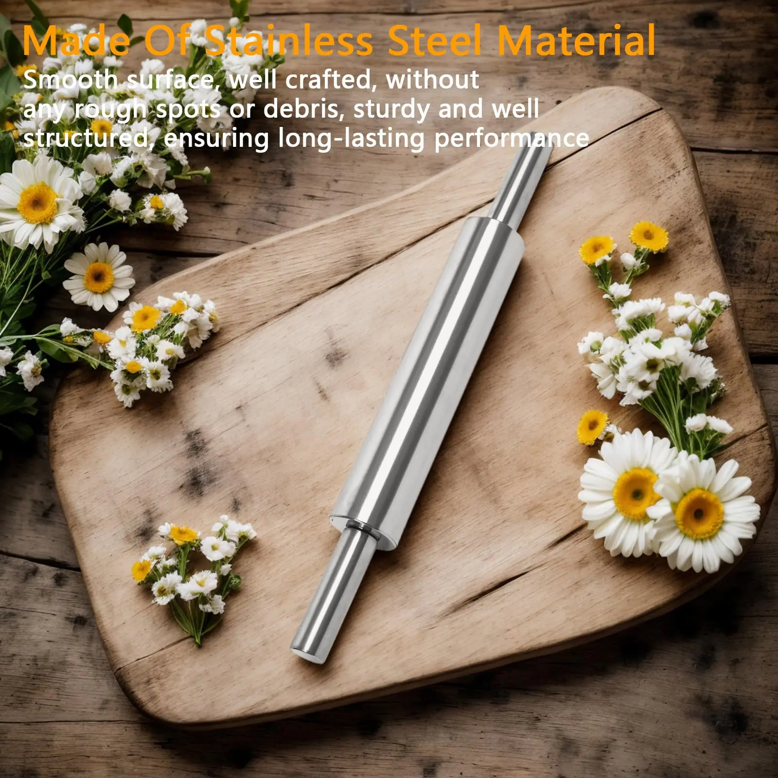 1 Pack Stainless Steel Rolling Pin, Non Stick Dough Roller for Baking, Heavy Duty Pastry Roller for Cookies, Pies, Pizza and Bread, Smooth Surface for Easy Clean