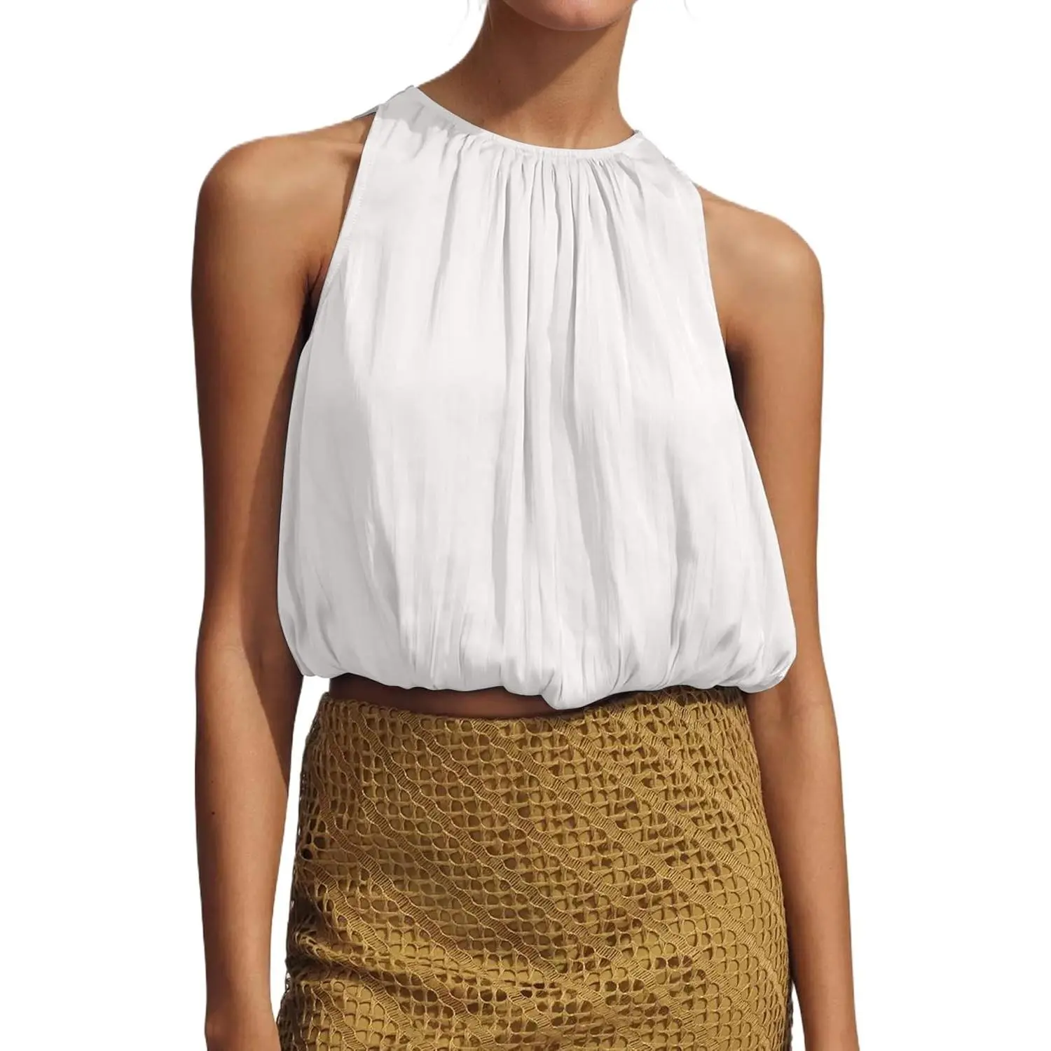 Women’s Halter Crop Bubble Tops Summer Sleeveless Crewneck Puffy Hem Cropped Tank Tops Fitted Cute Going Out Shirt Top