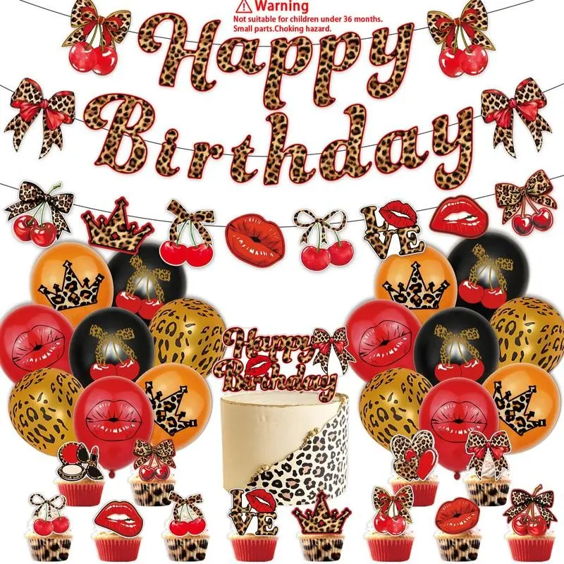 Leopard Cherry Theme Birthday Party Decorations Set, Happy Birthday Leopard Print Banner, Lip Crown Cherry Pattern Printed Balloons & Cake Toppers, All-in-One Party Supplies Birthday Gifts for Girls Women Ladies