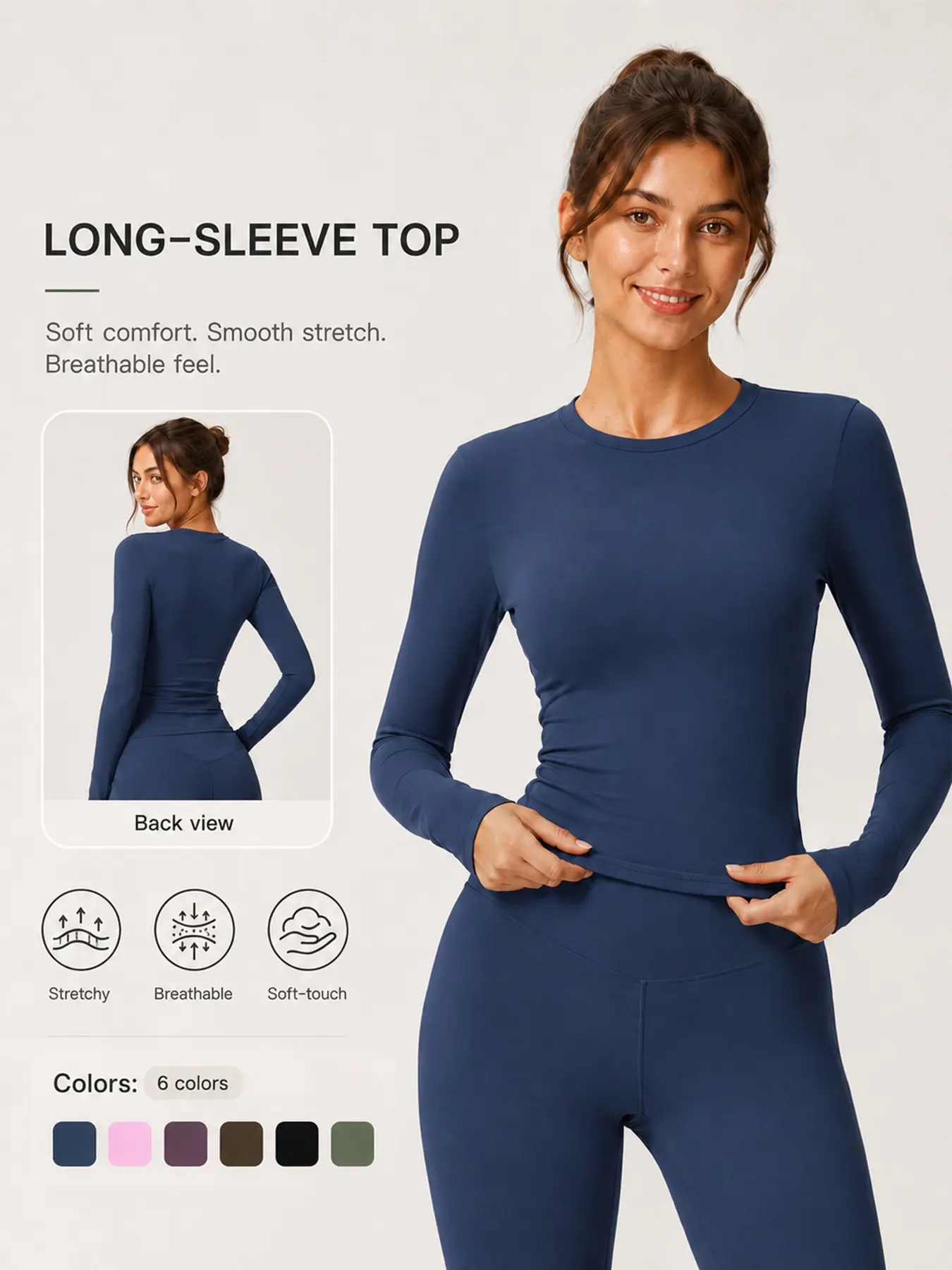 Women’s Long Sleeve Workout Top Solid Color Crew Neck Cooling High Stretch Buttery Soft Comfortable Breathable Longline Slim Fit Yoga T Shirt for Gym Workout Outdoor Cycling Running Moisture Wicking Quick Dry Daily Versatile Vacation Casual Activewear