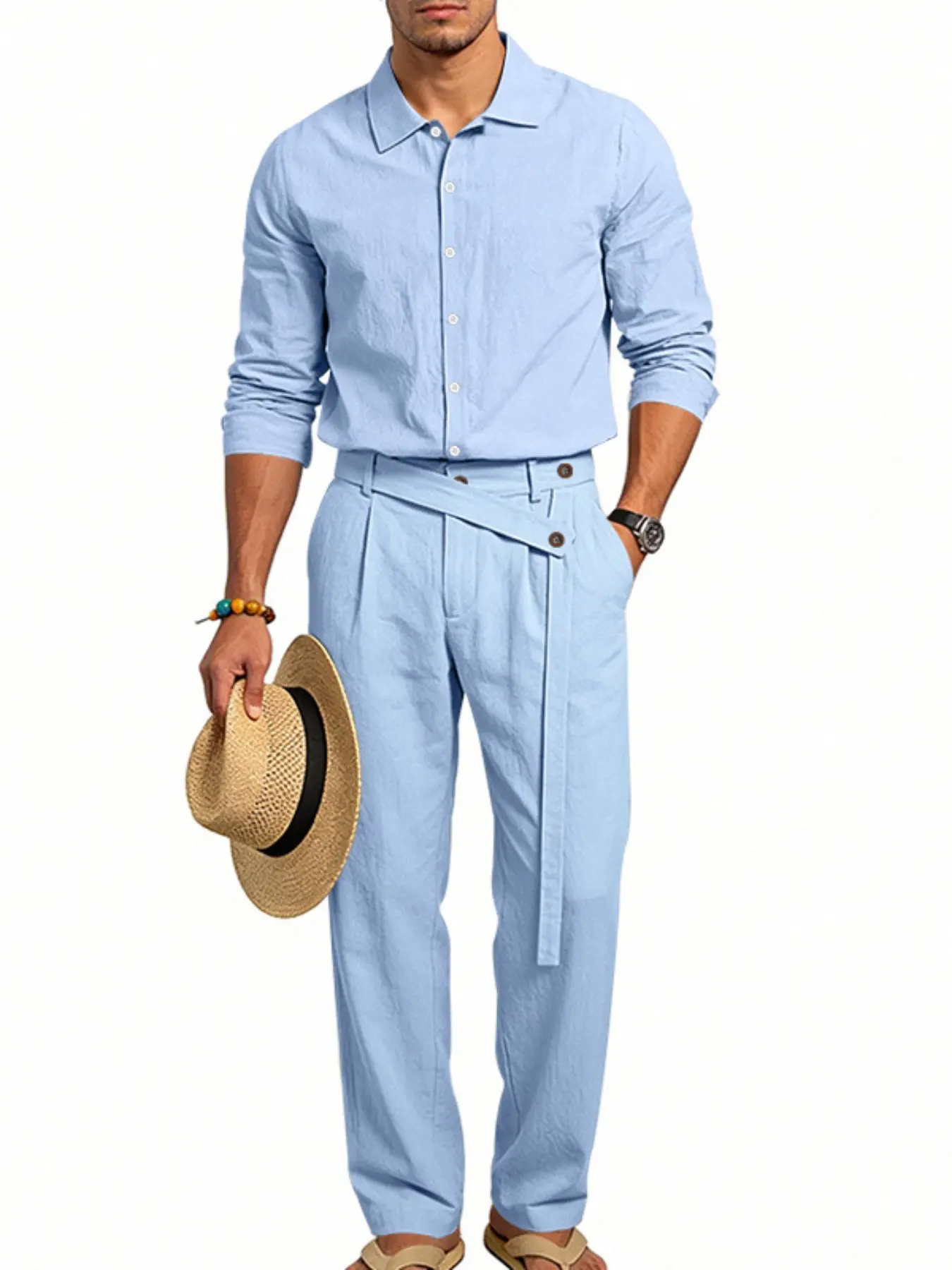 Men's Casual Business Linen Set, Loose Fit Long Sleeve Naples Shirt & Pants, Trendy Summer, Comfortable Daily Wear