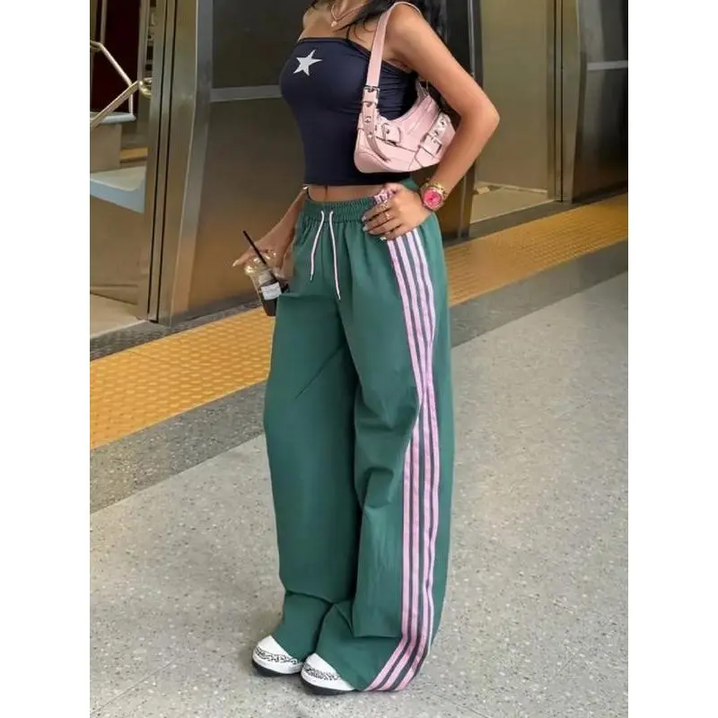 Women's Fashion Casual Pants, Loose Fit Colorblock Striped Sweatpants, Comfortable High Waist Joggers for Daily Wear