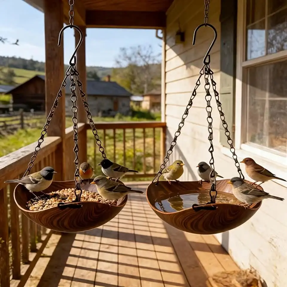 Two-Piece Wood Grain Hanging Bird Feeder, with Retro Wood Grain Texture, Equipped with a Stable Hanging Design, with Thickened Iron Chain And S-Shaped Hook, Can Be Easily Hung on Balconies, Windowsills, Living Rooms And Other Scenes, Birds Feeder